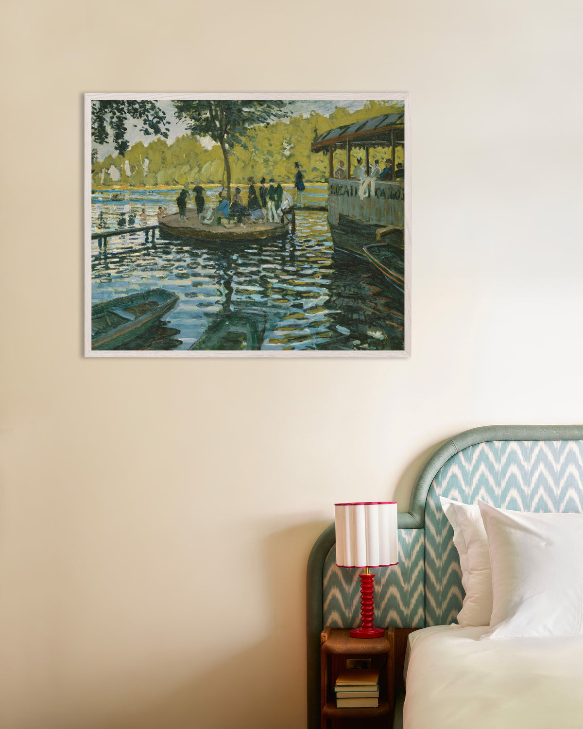 Poster La Grenouillère (1869) av Claude Monet med vit träram