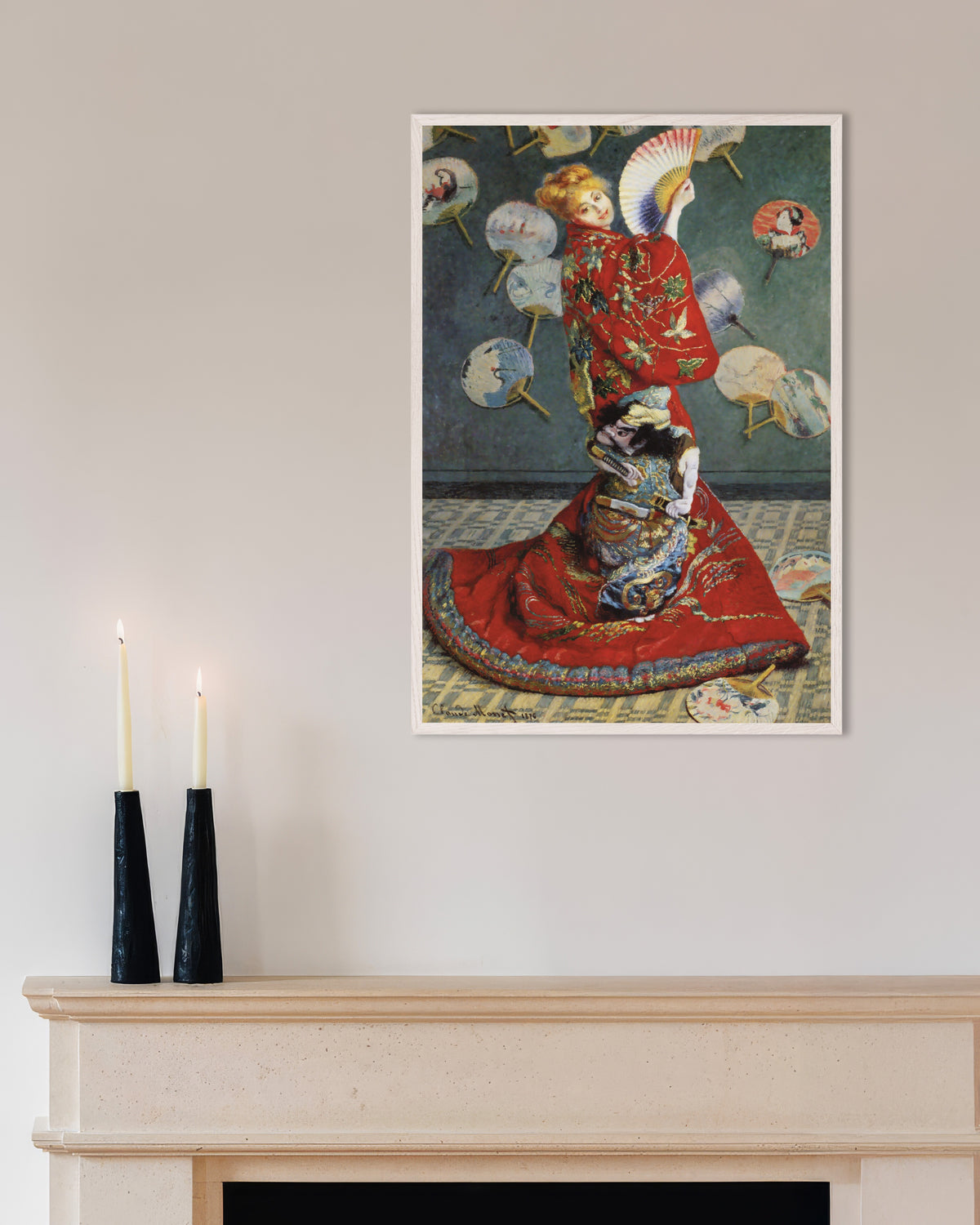 Poster La Japonaise, Camille Monet i japansk dräkt (1876) av Claude Monet med vit träram