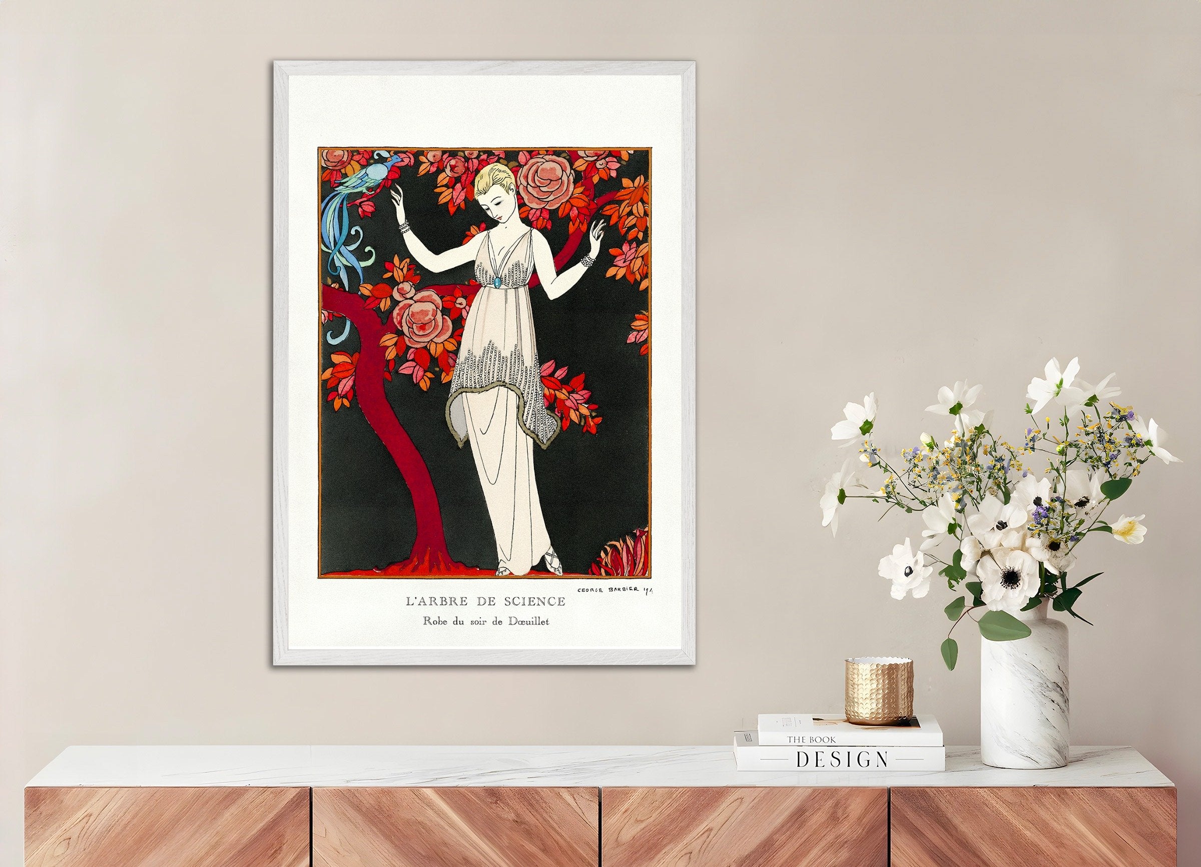 Poster of "L'Arbre de Science" by Georges Barbier (1914) - Art Deco, with white wooden frame
