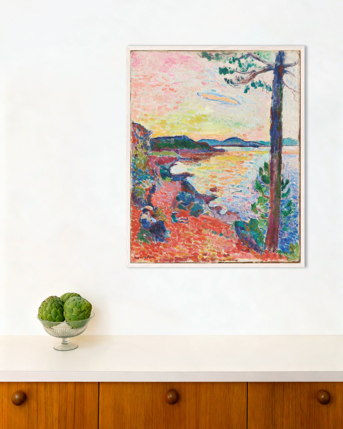 Poster av Le Goûter, Saint-Tropezbukten (1904) av Henri Matisse, med vit träram