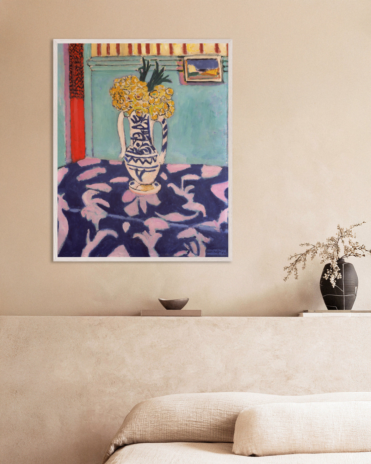 Poster av Gökfåglar, blå och rosa matta (1911) av Henri Matisse, med vit träram