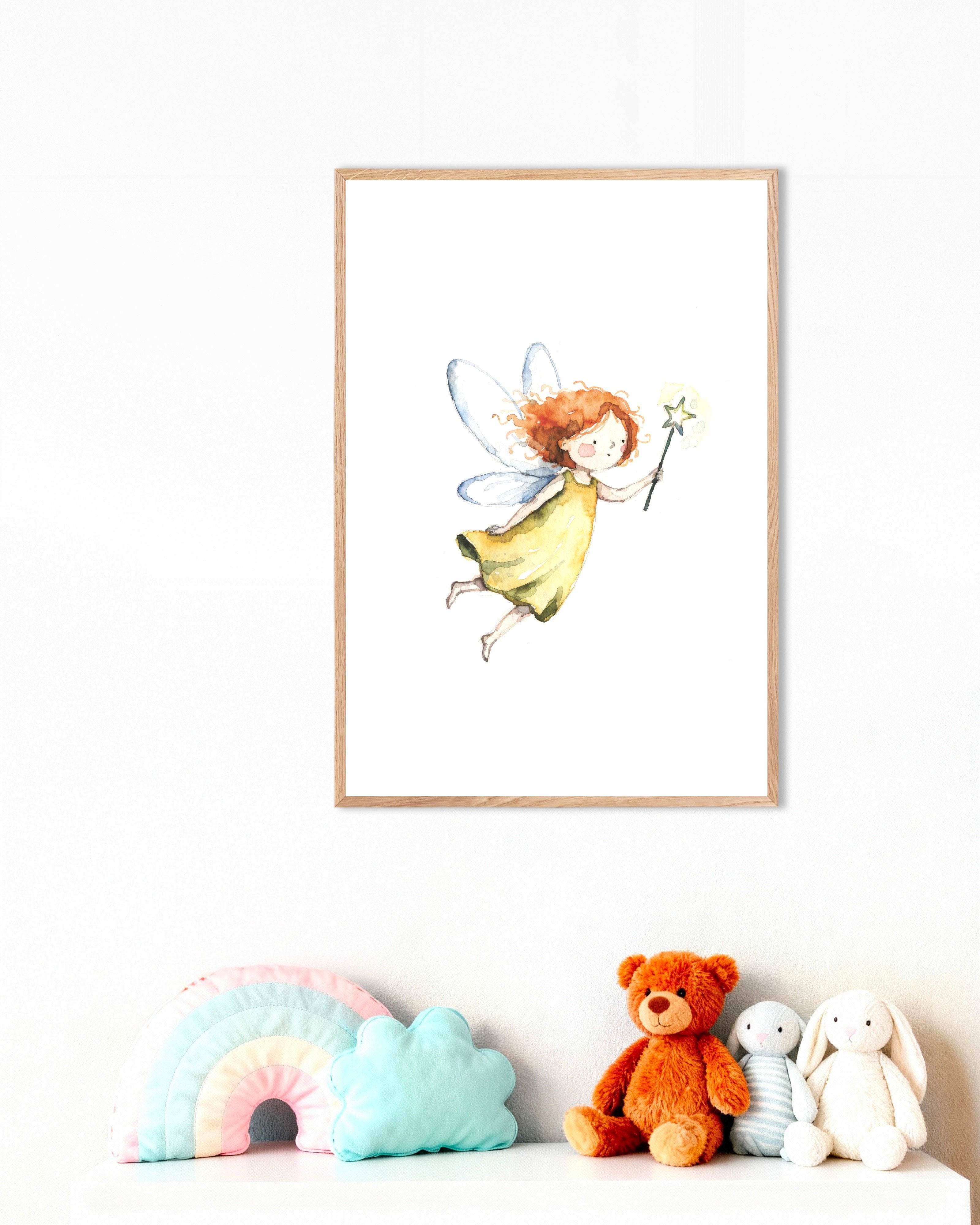 Poster of Little Magic Fairy - Watercolor Poster, with natural wooden frame