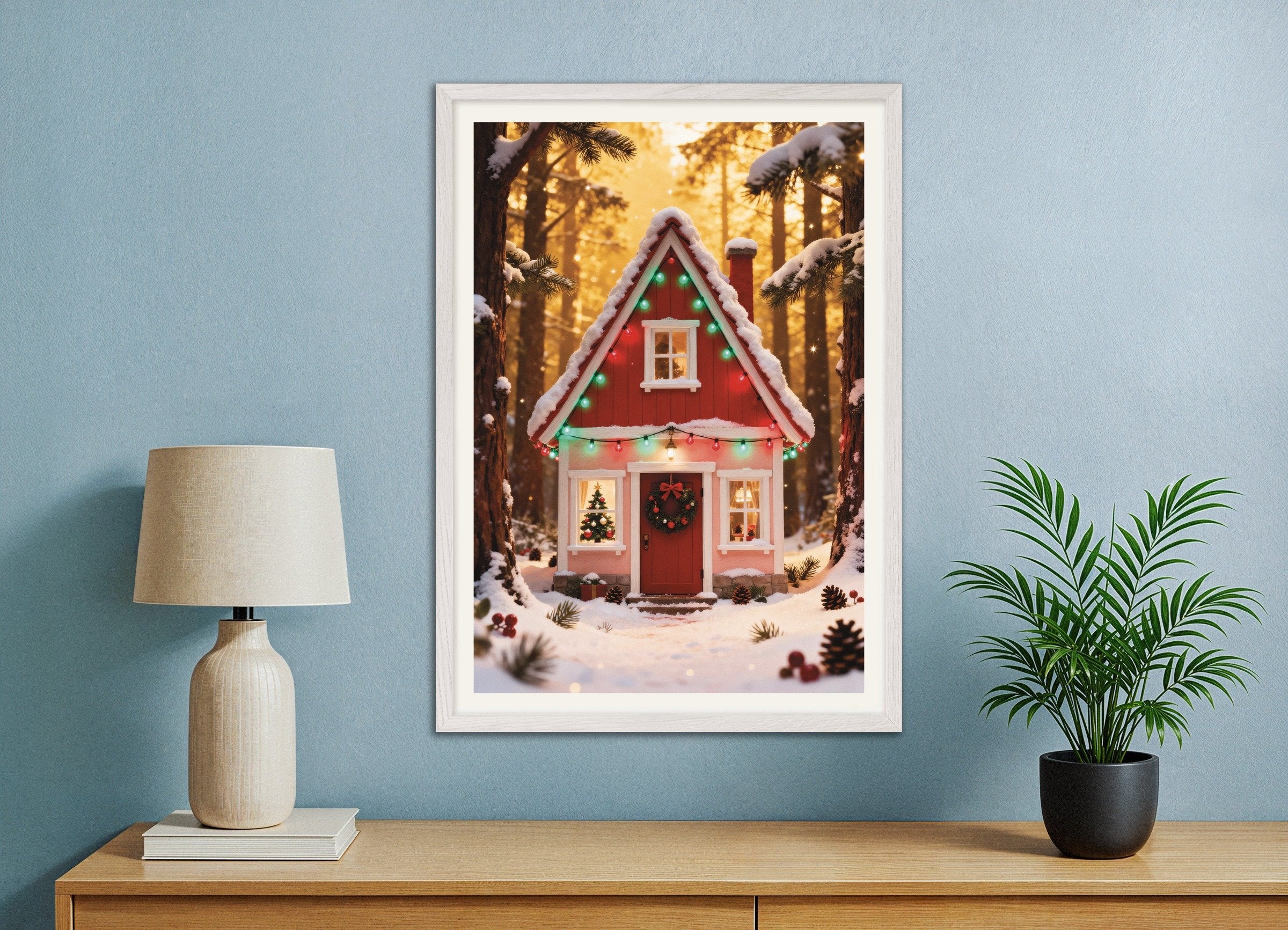 Poster of Little red elf house poster, with white wooden frame