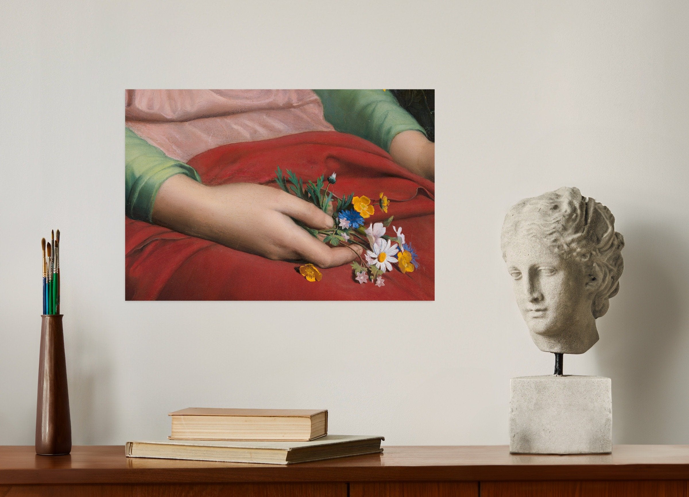 Poster of Louis Janmot "Fleur des Champs" Hands Detail - Wildflower Bouquet Art