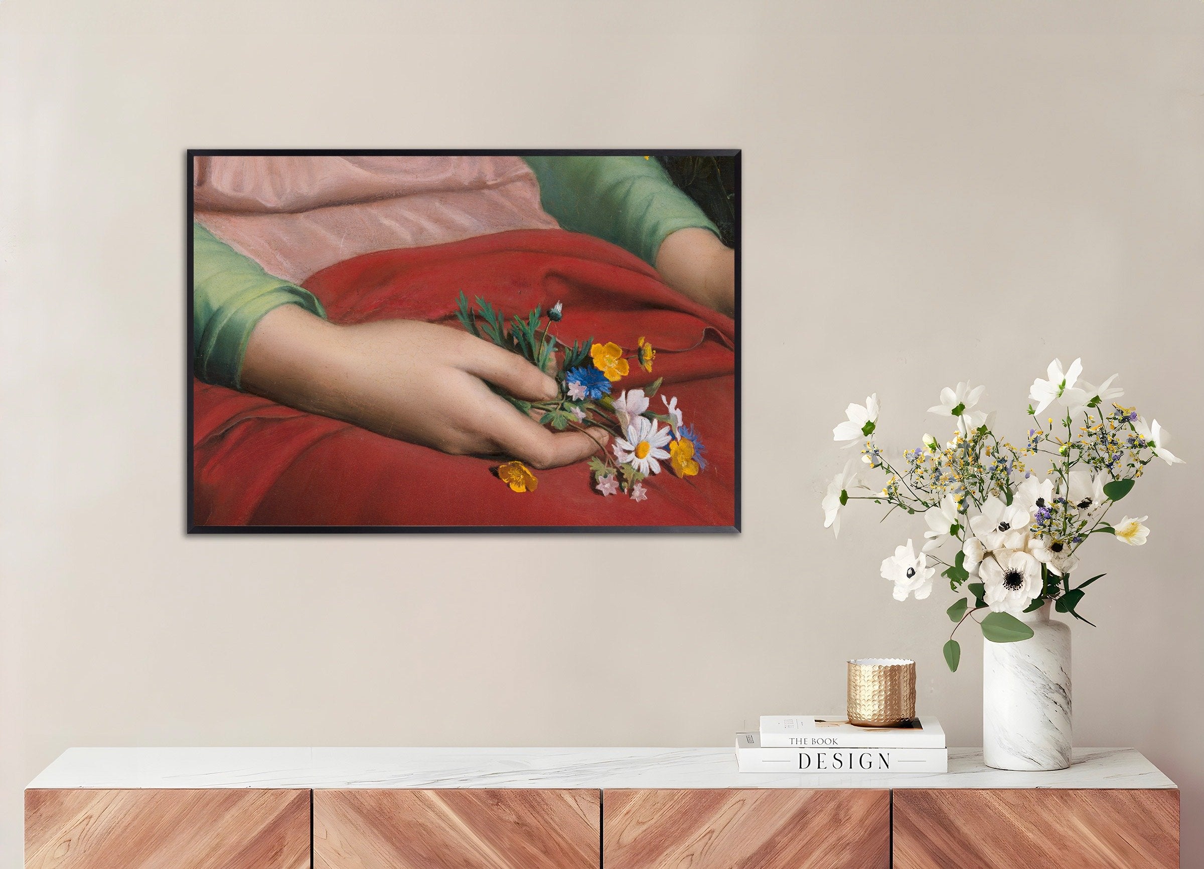 Poster of Louis Janmot "Fleur des Champs" Hands Detail - Wildflower Bouquet Art, with metal frame