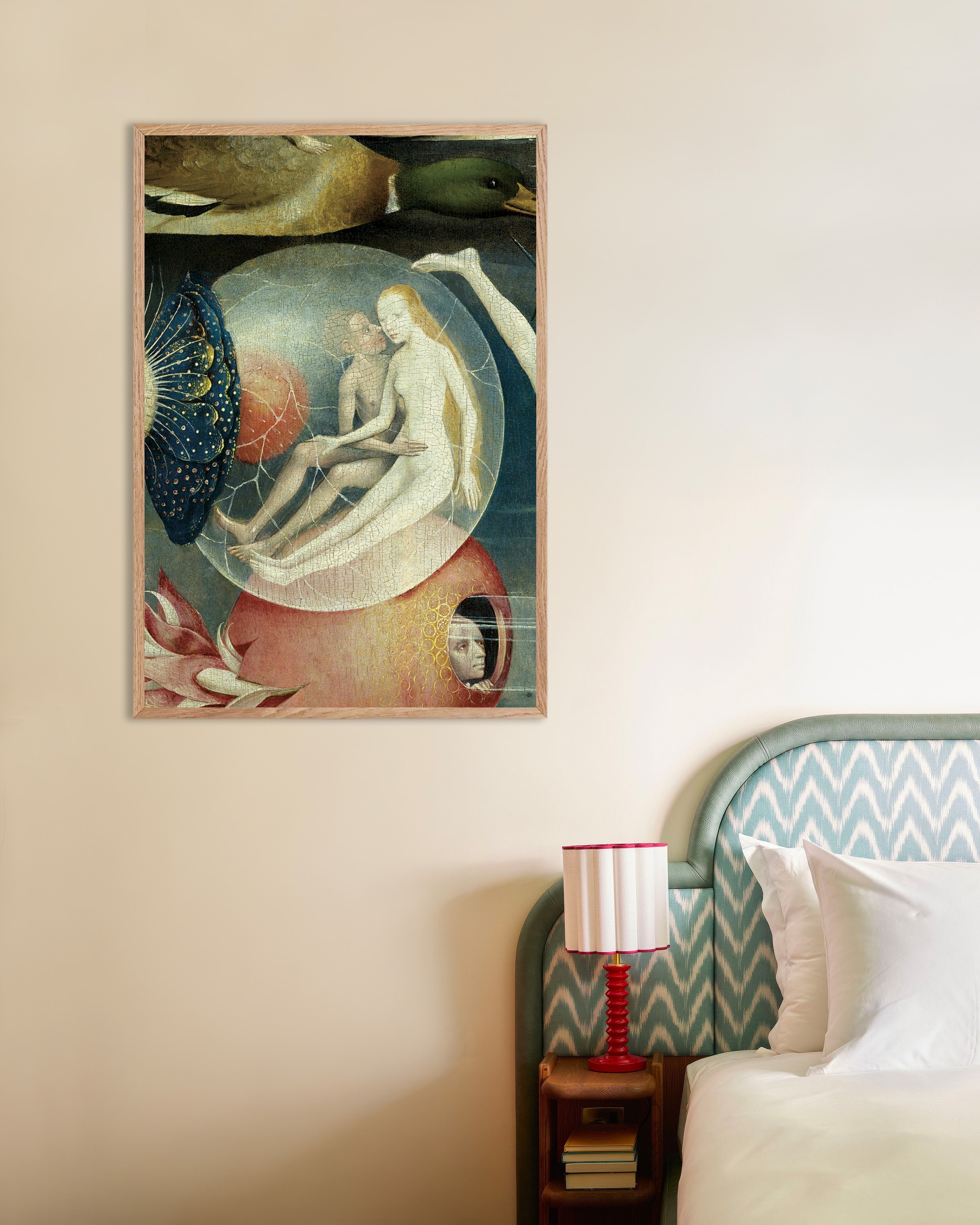 Poster of Lovers in a bubble - Detail from The Garden of Earthly Delights, with natural wooden frame