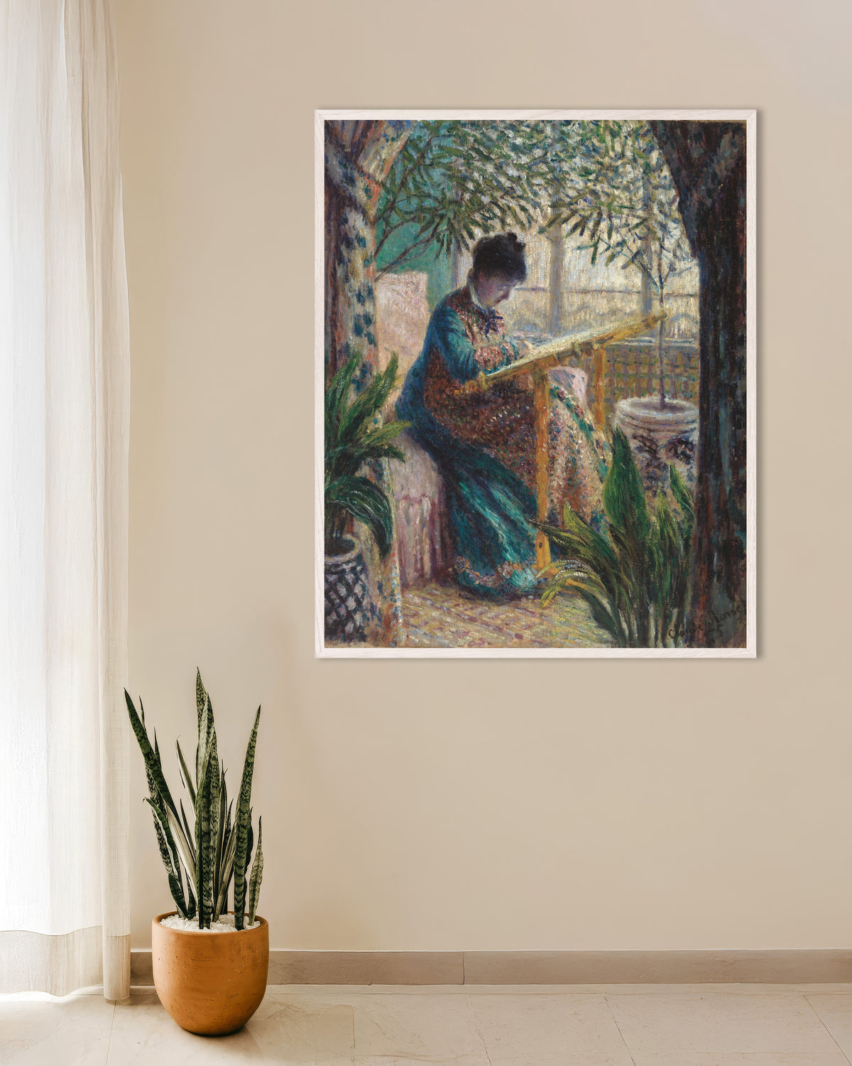Poster Madame Monet broderar (1875) av Claude Monet med vit träram