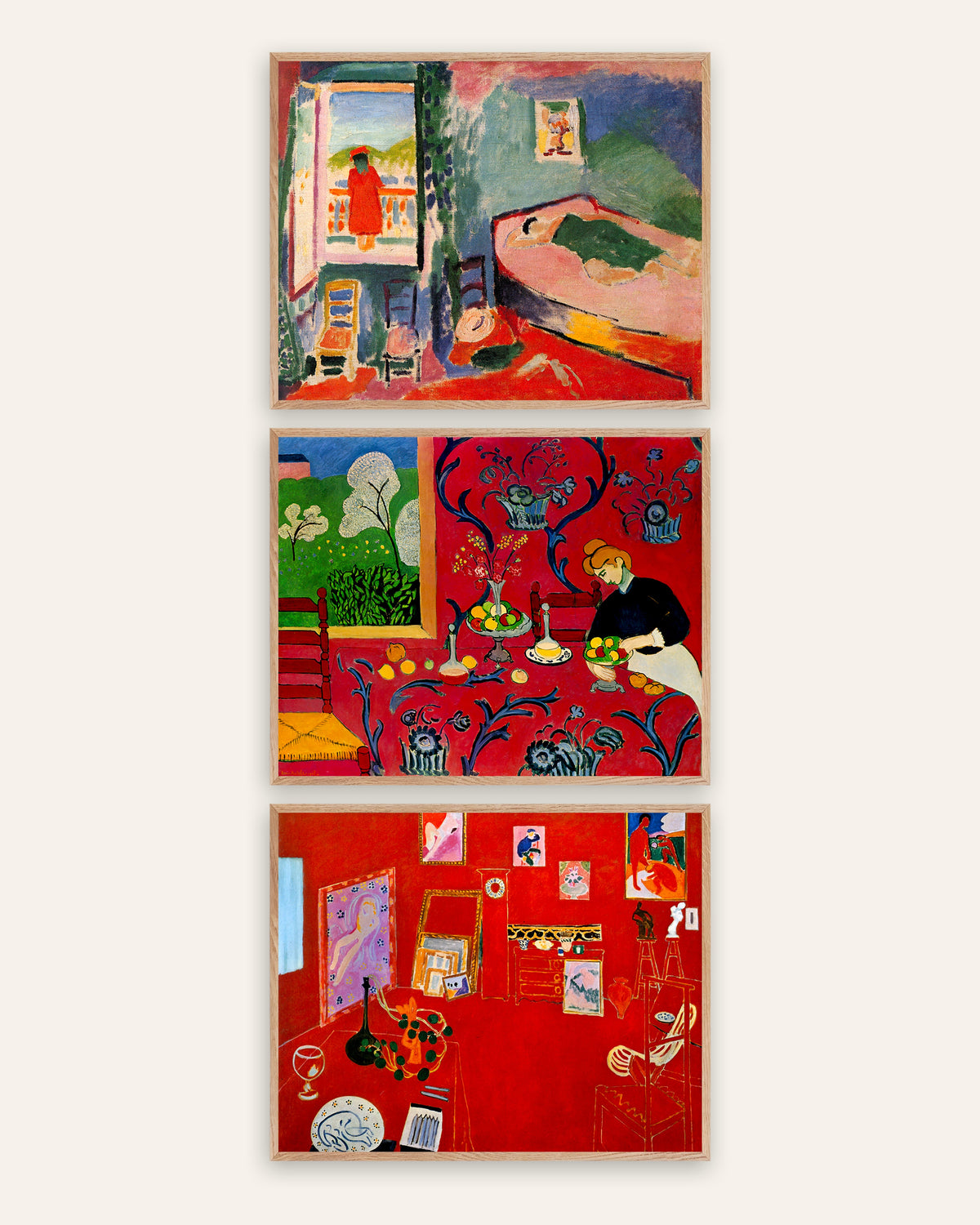 Matisse-posters, set med 3: Interiör i Collioure, Harmoni i rött och Den röda ateljén, i ramar av naturek