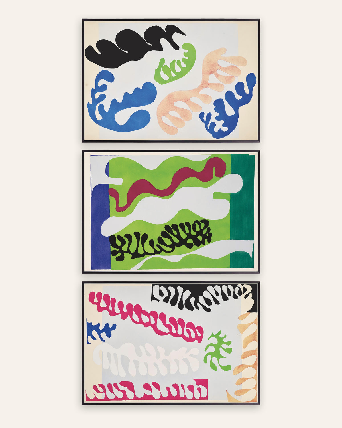 Matisse Jazz-posters, set med 3: Lagunen i blått, grönt och rosa, i svarta metallramar