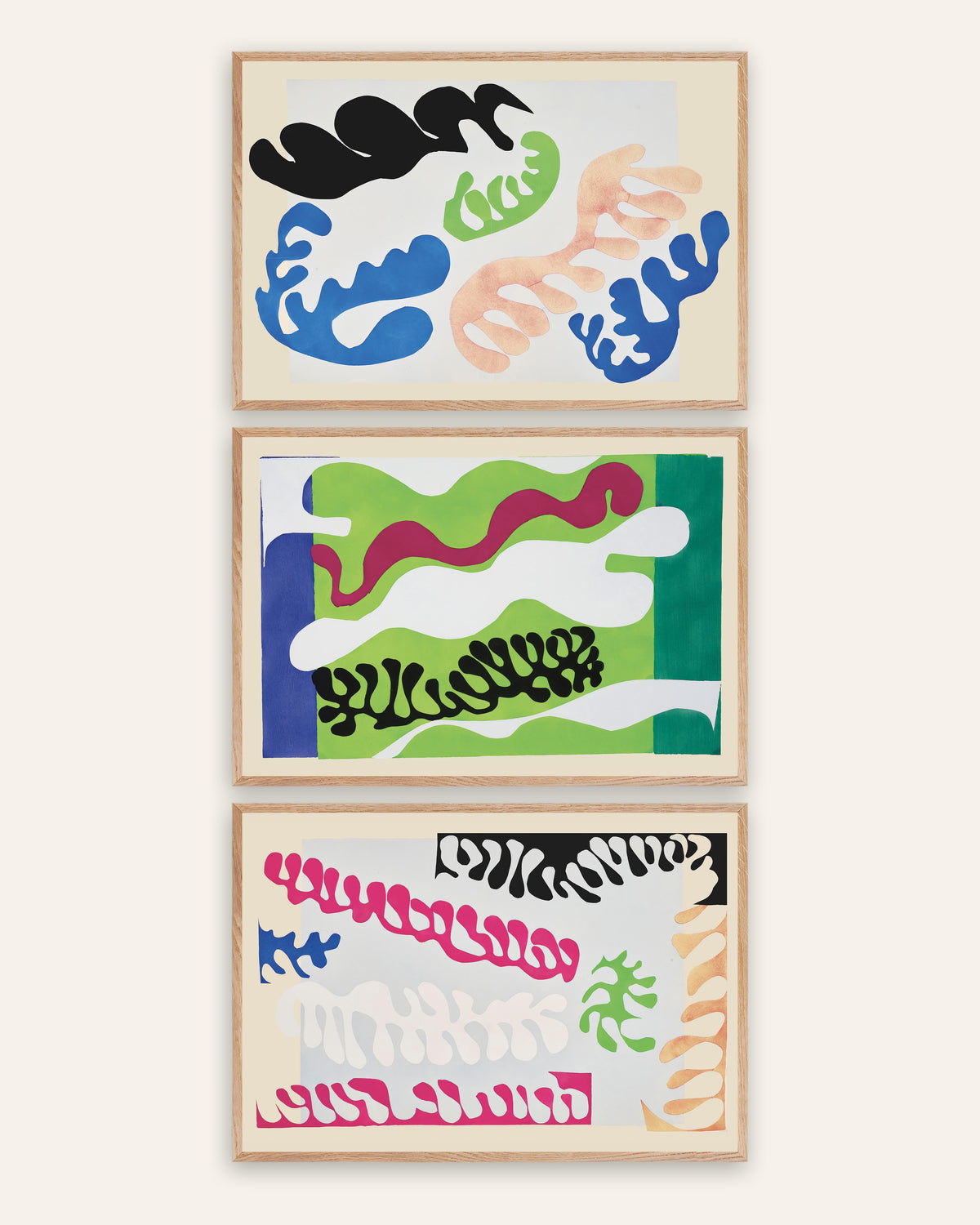Matisse Jazz-posters, set med 3: Lagunen i blått, grönt och rosa, i ramar av naturek