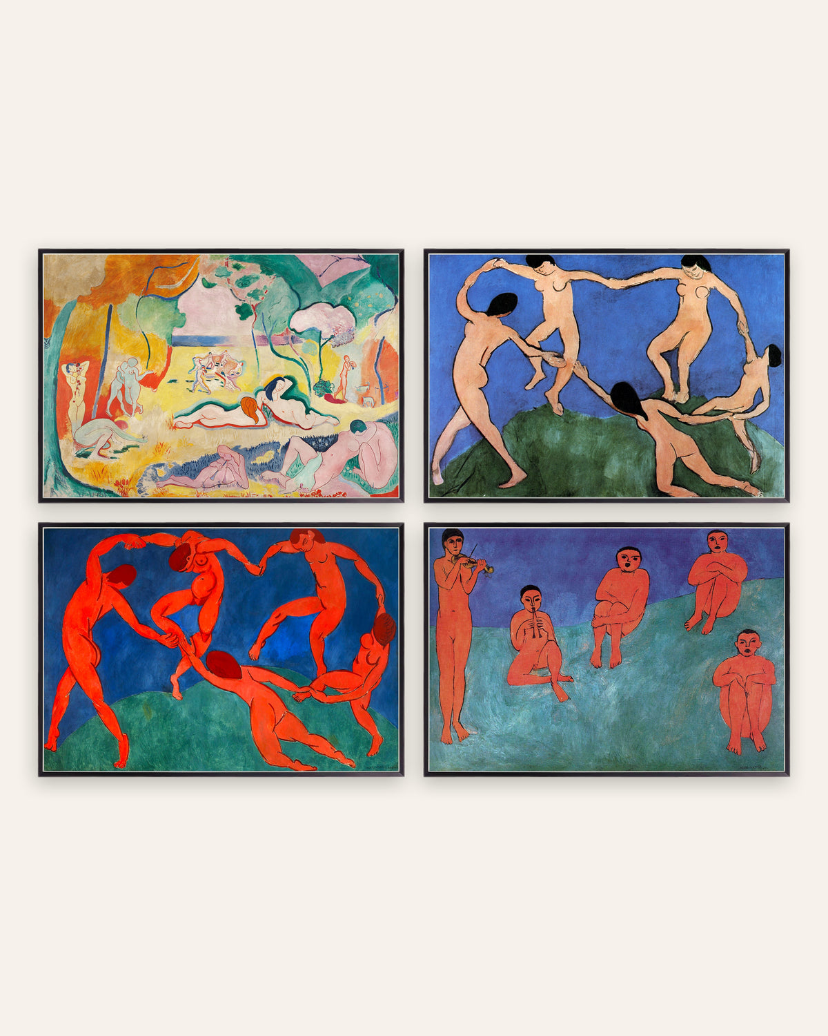 Matisse-posters, set med 4: Livsglädjen, Dansen I och II och Musik, i svarta metallramar