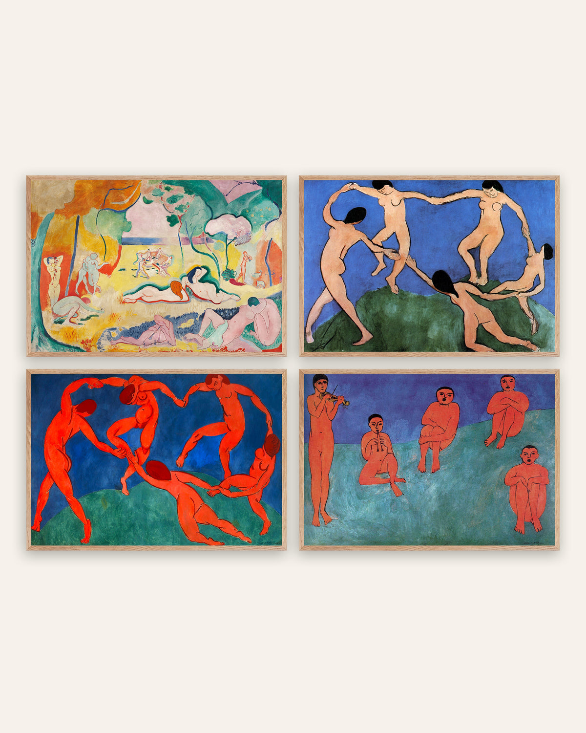 Matisse-posters, set med 4: Livsglädjen, Dansen I och II och Musik, i ramar av naturek