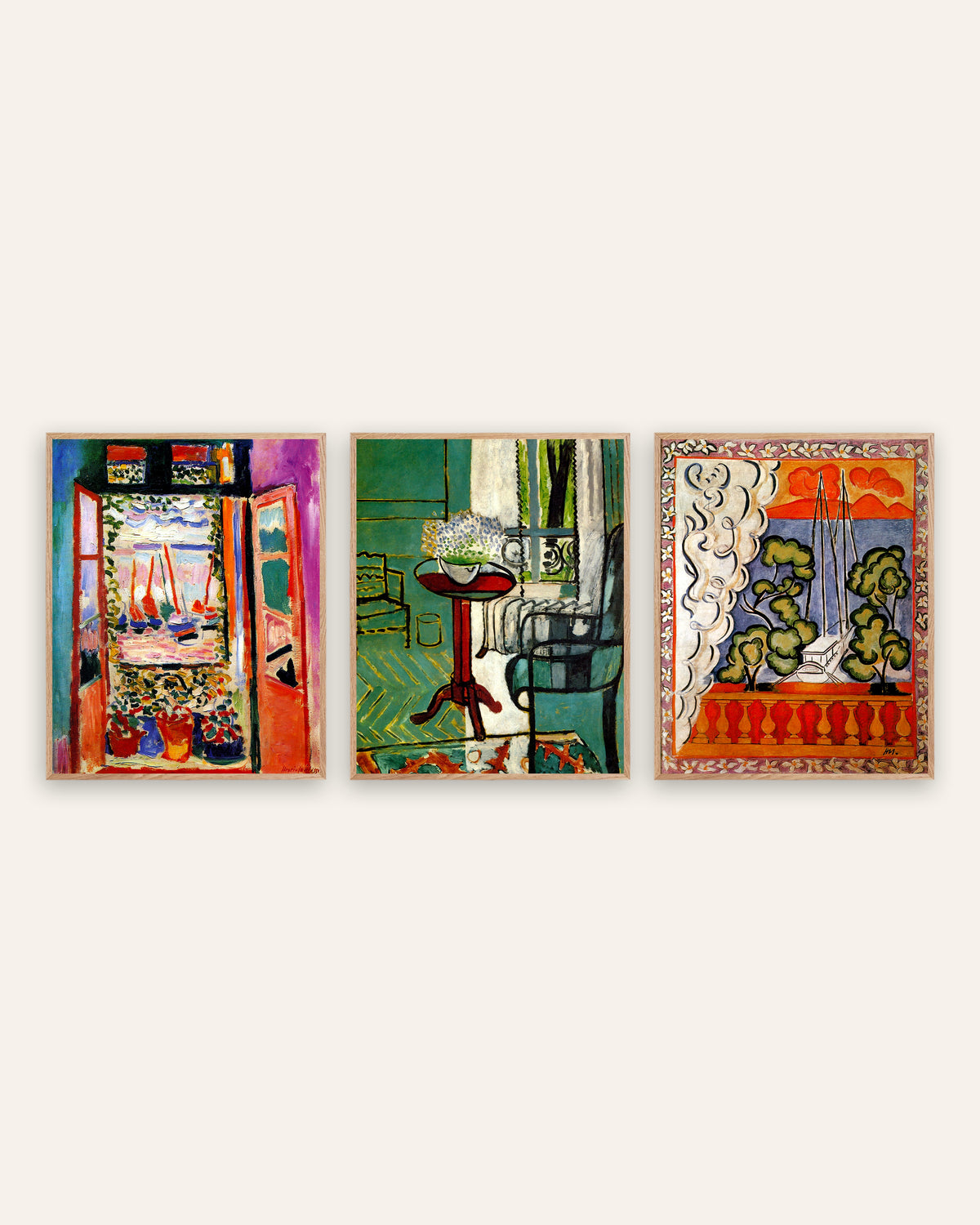 Matisse-posters, set med 3: fönster i Collioure, med förgätmigej och på Tahiti, i ramar av naturek