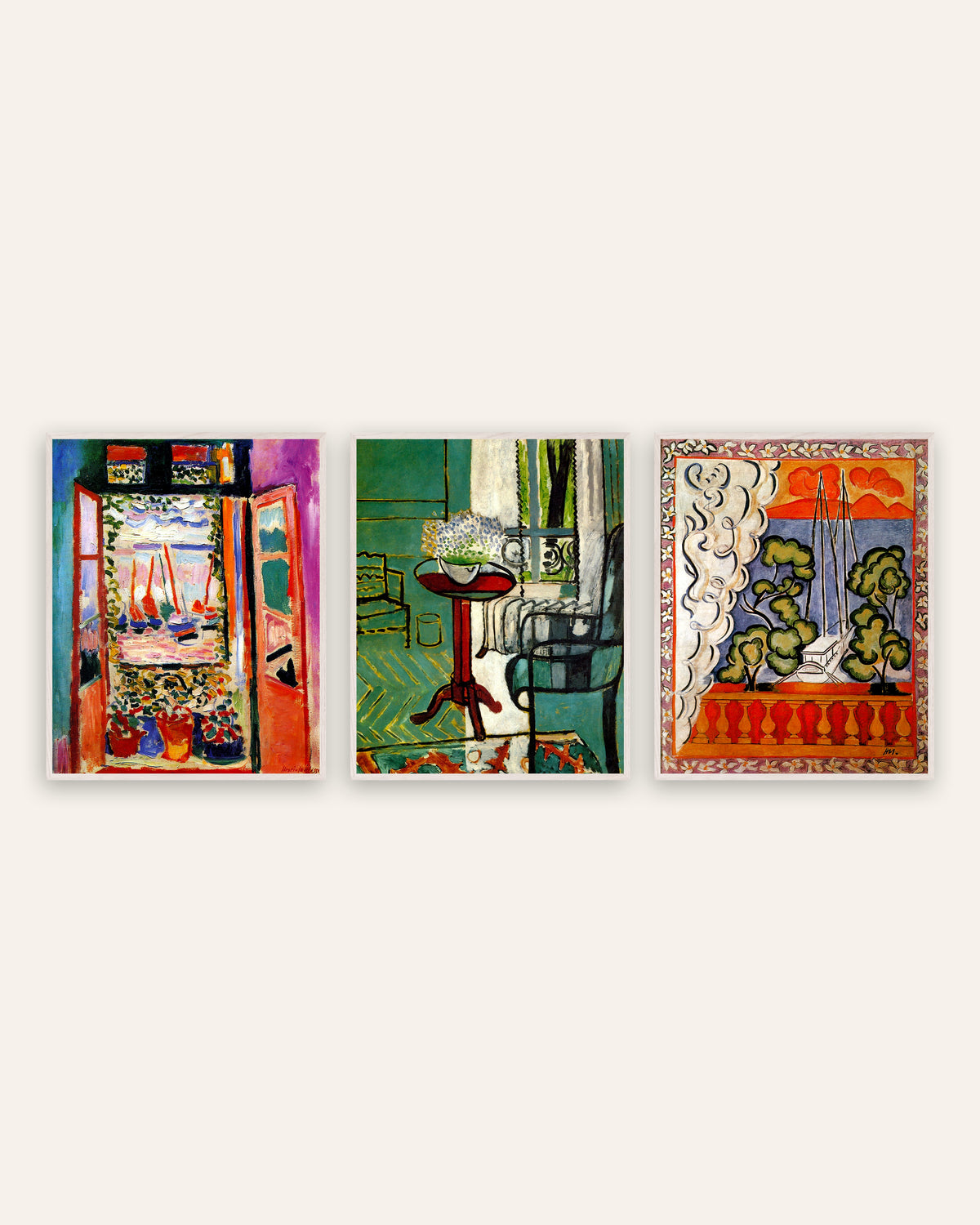Matisse-posters, set med 3: fönster i Collioure, med förgätmigej och på Tahiti, i vita ekramar