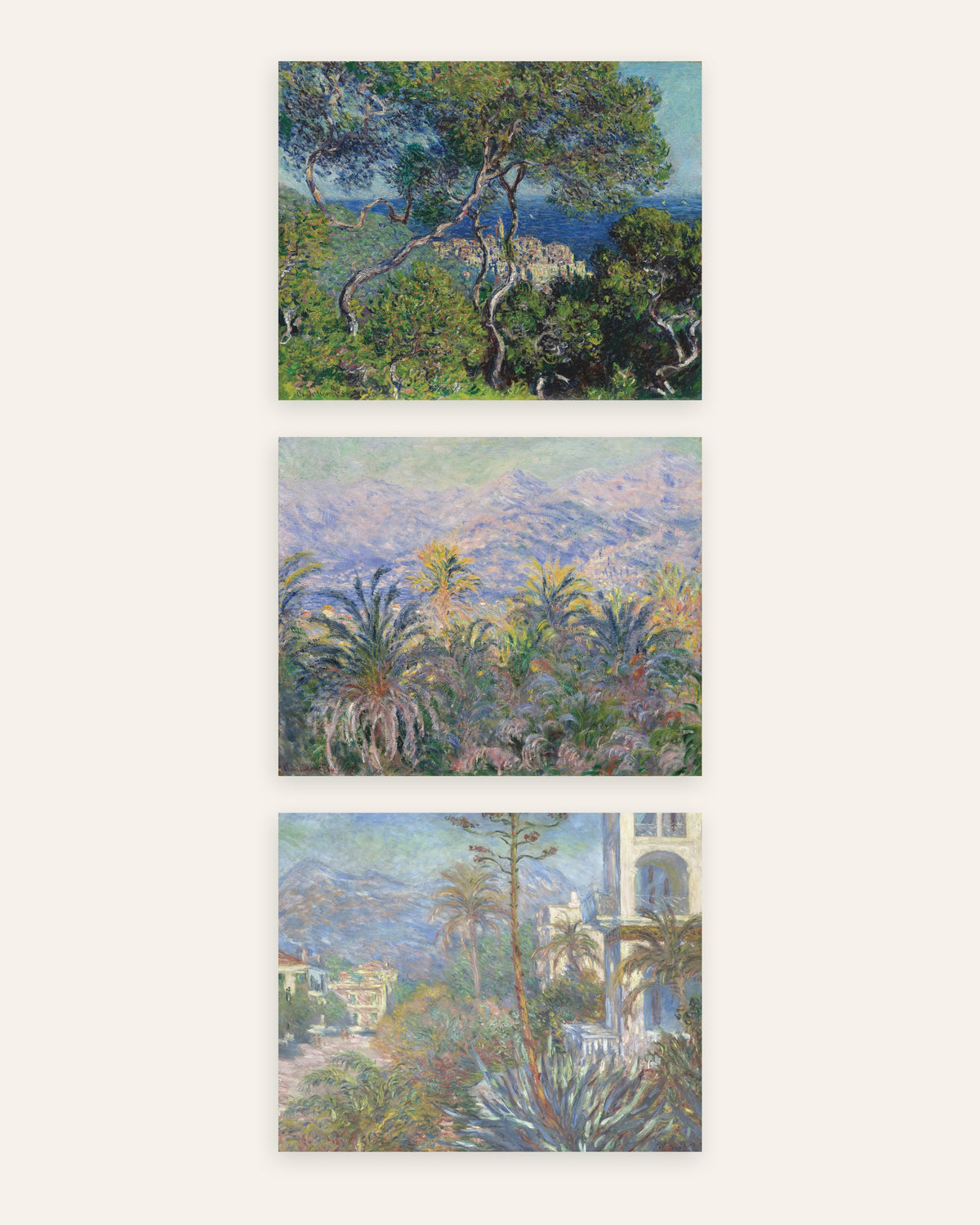 Monet Bordighera posters, set med 3: pinjer, palmer och villor, utan ram