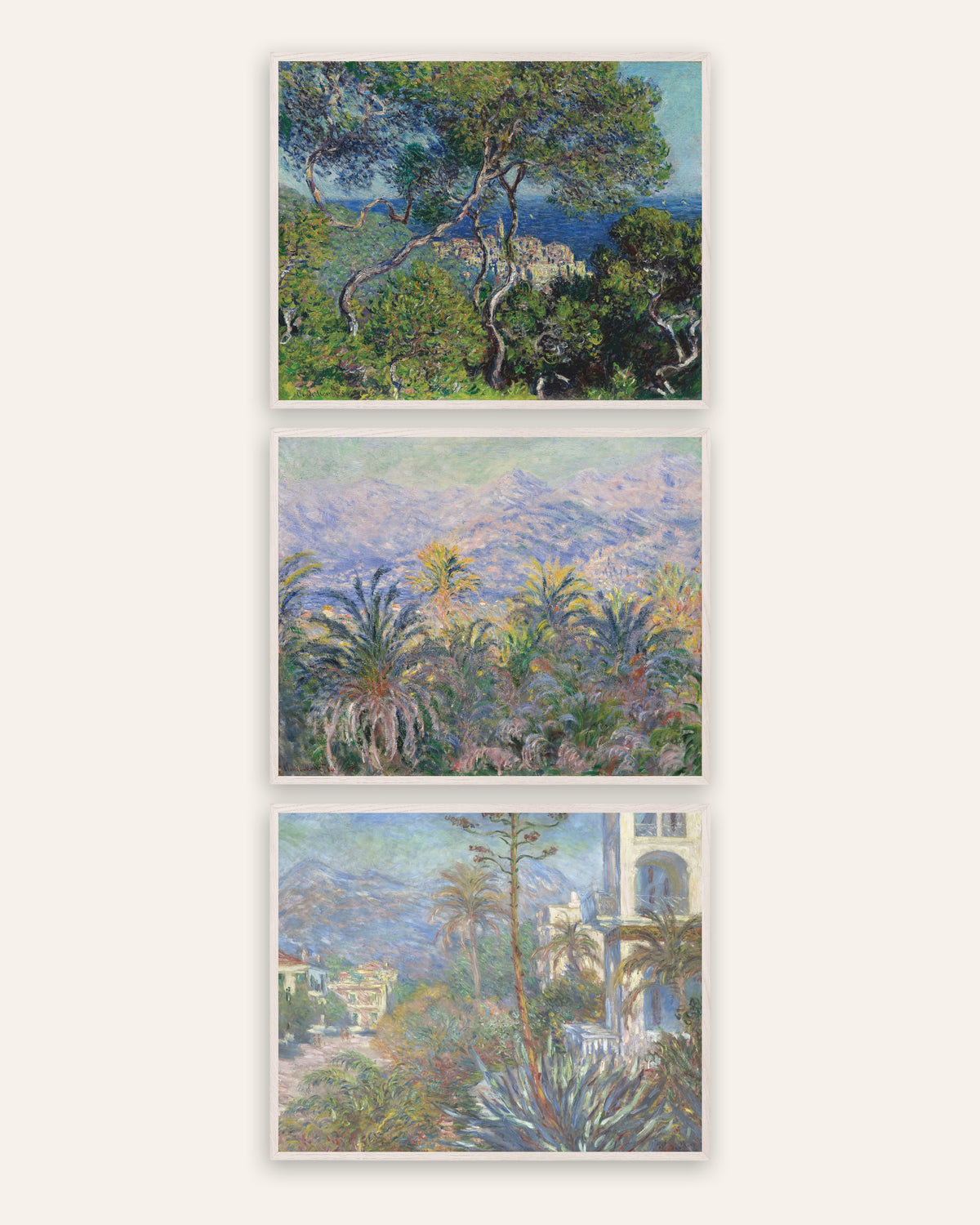 Monet Bordighera posters, set med 3: pinjer, palmer och villor, i vita ekramar