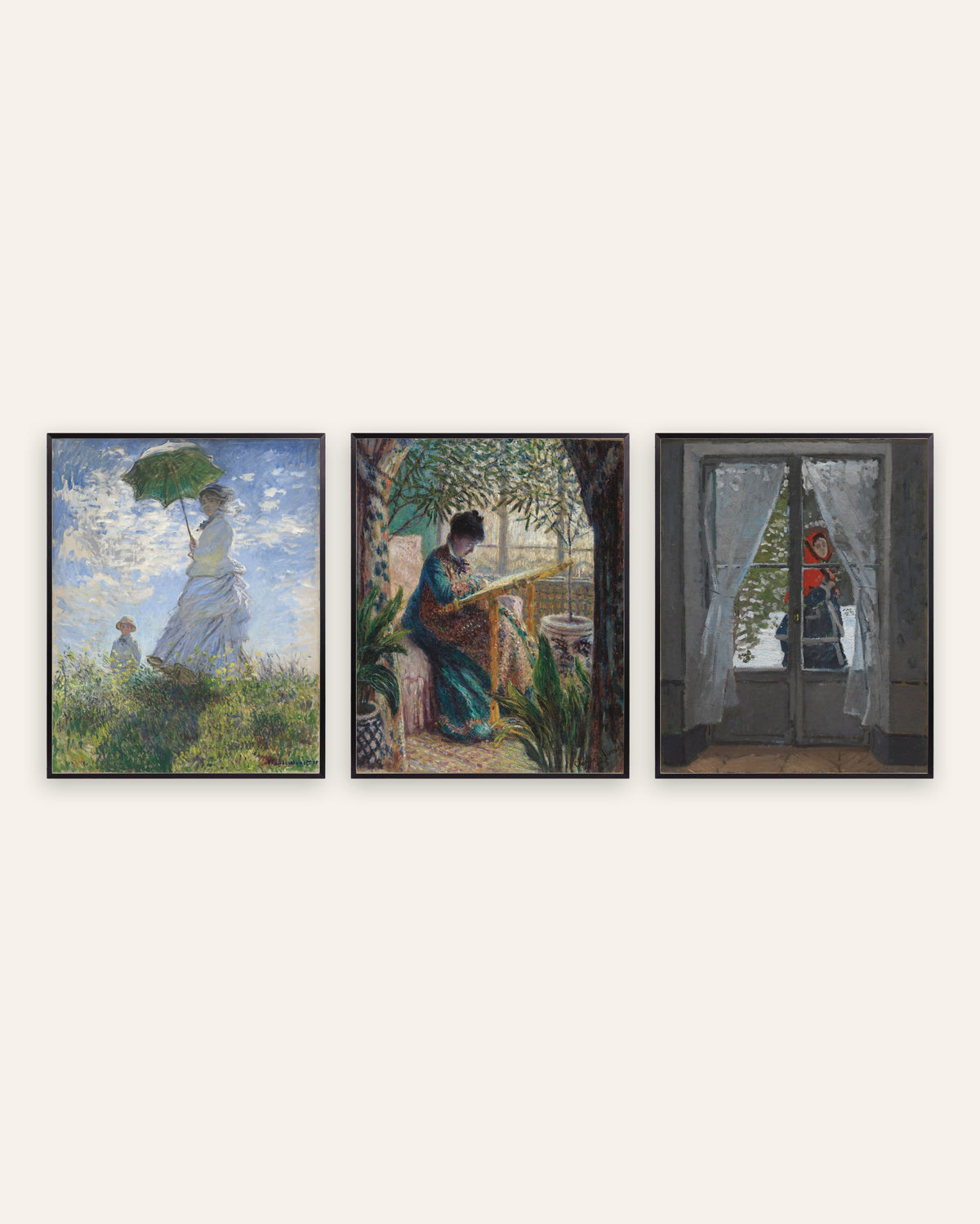 Monet Camille posters, set med 3: Kvinna med parasoll och röd sjal, i svarta metallramar