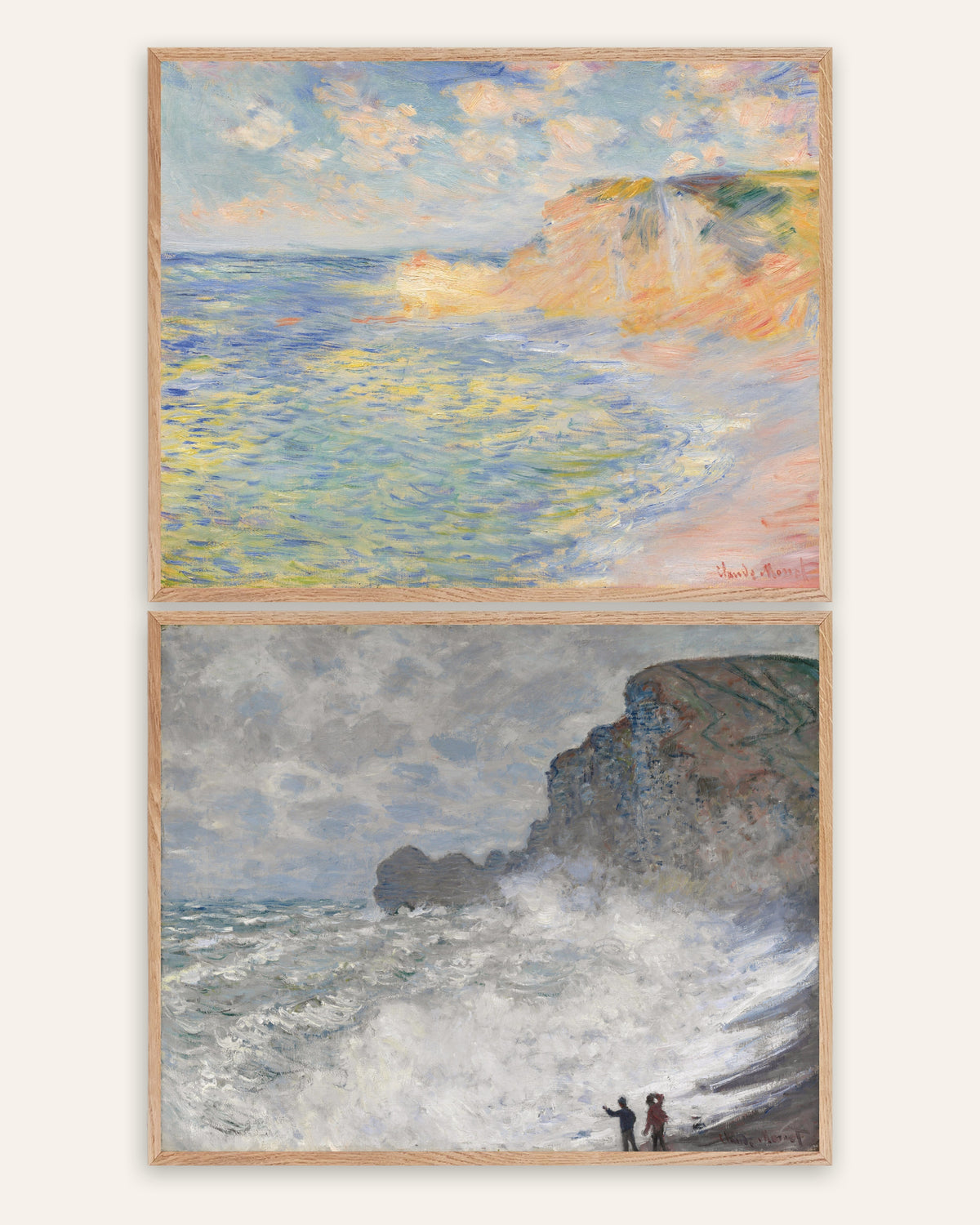 Monet Étretat posters, set med 2: Falaise d’Amont och oväder, i ramar av naturek