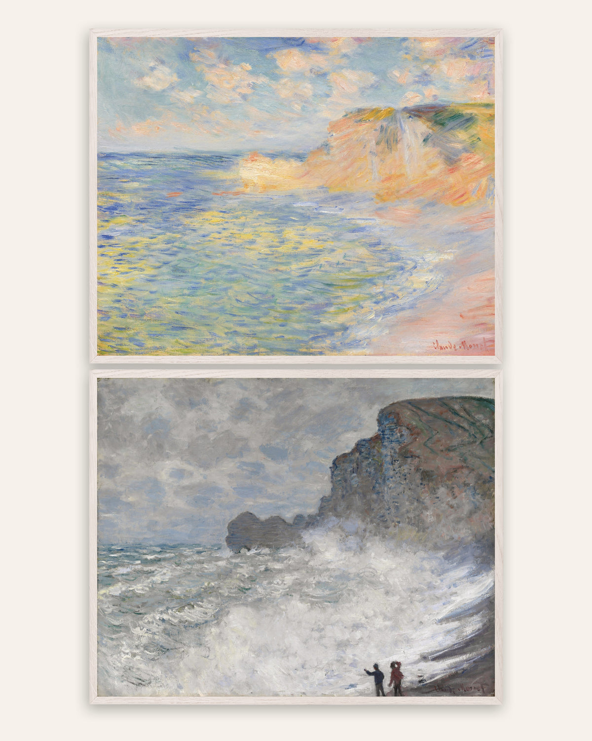 Monet Étretat posters, set med 2: Falaise d’Amont och oväder, i vita ekramar