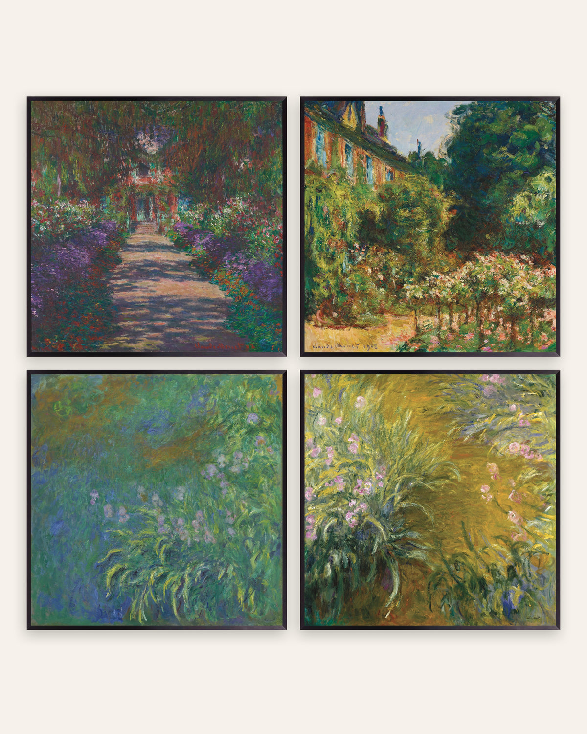 Monet Trädgården i Giverny posters, set med 4: allé, hus och irisar, i svarta metallramar