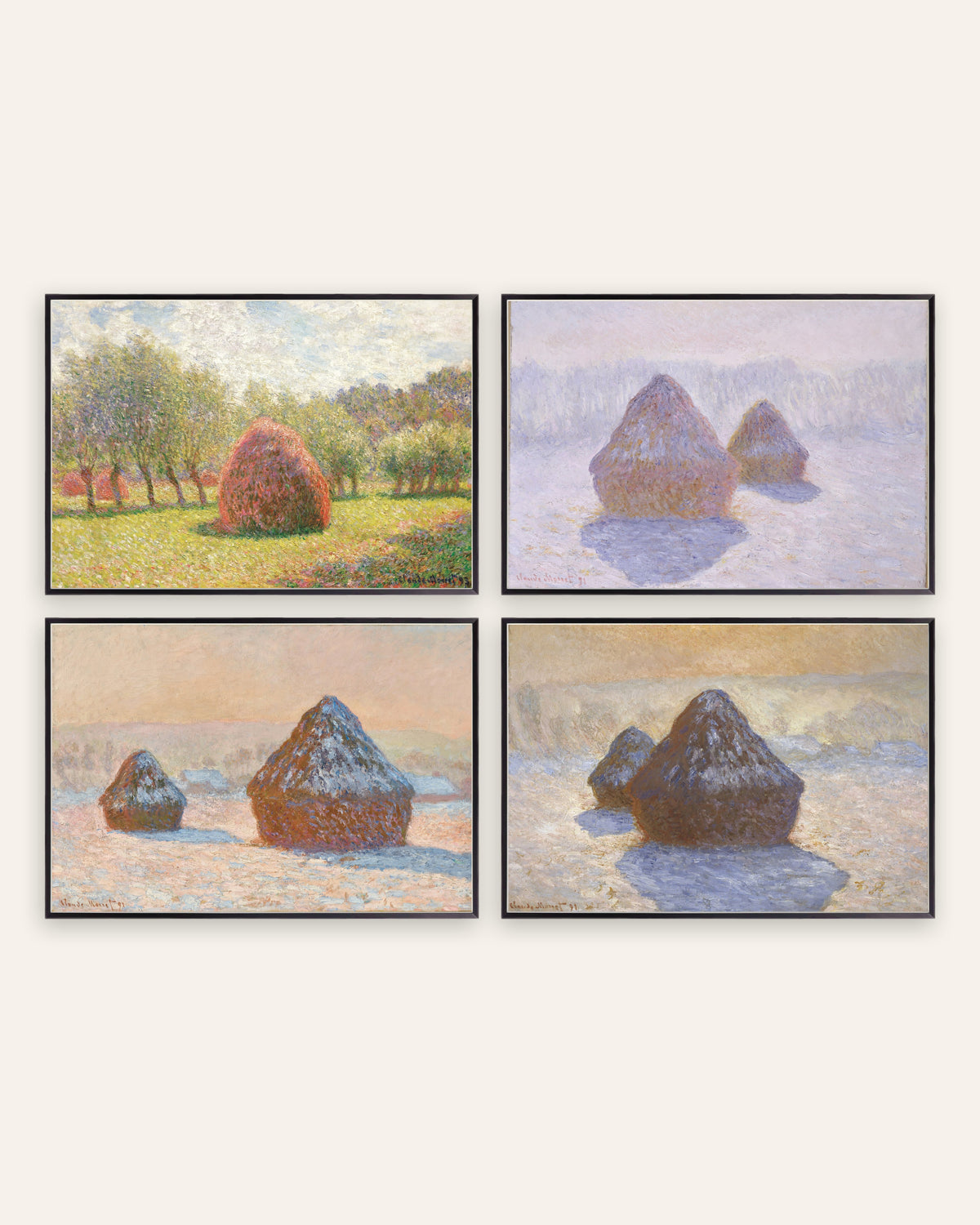 Monet Höstackar posters, set med 4: från sommar till snö, i svarta metallramar