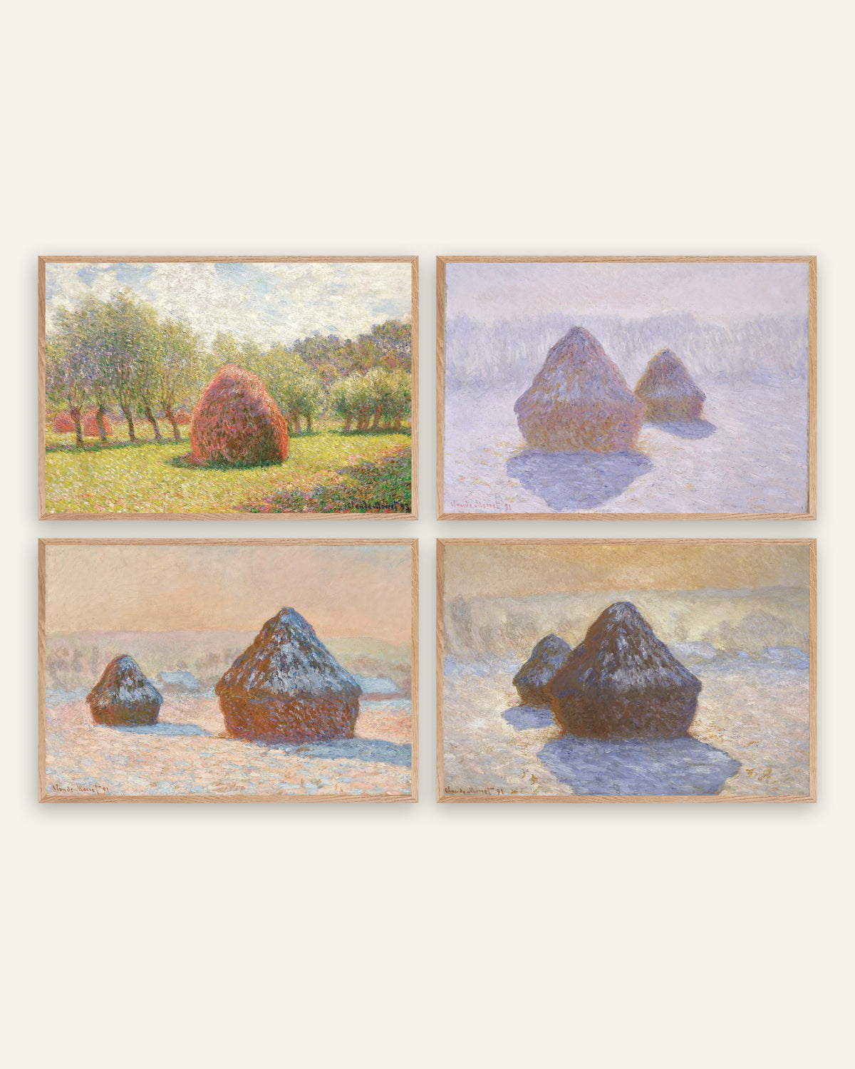 Monet Höstackar posters, set med 4: från sommar till snö, i ramar av naturek