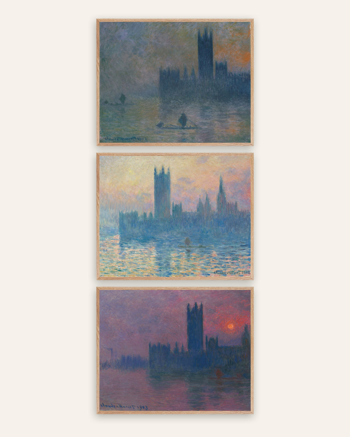 Monet Parlamentet posters, set med 3: dimma och solnedgång, i ramar av naturek
