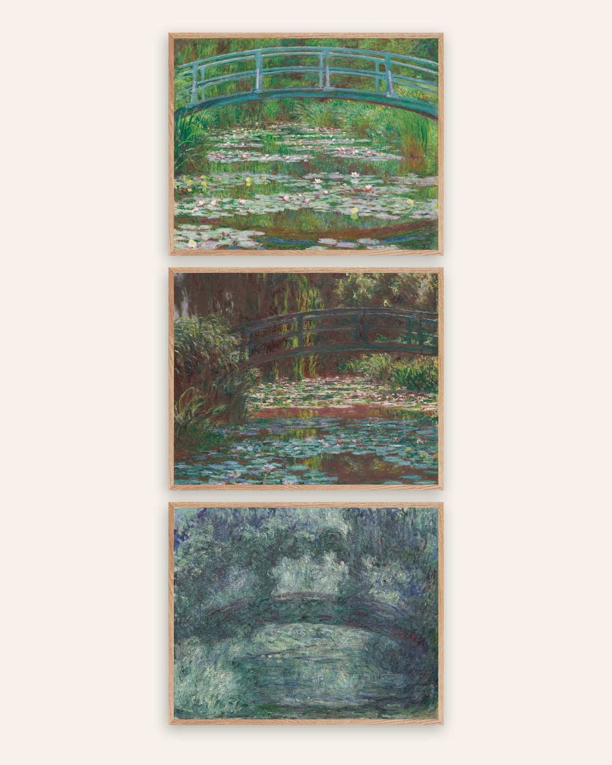 Monet Den japanska bron posters, set med 3: Giverny, 1899 till 1924, i ramar av naturek