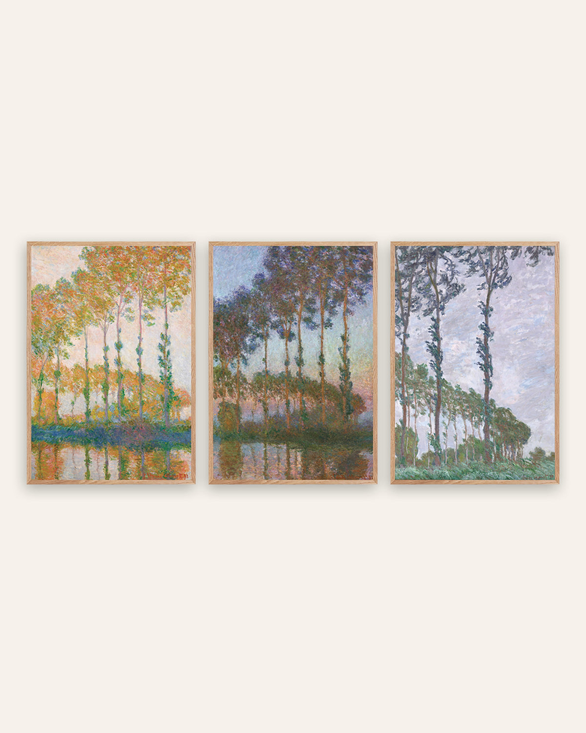 Monet Popplar posters, set med 3: höst, skymning och vind, i ramar av naturek