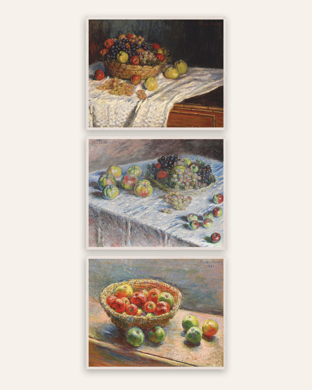 Monet Stilleben posters, set med 3: äpplen, vindruvor och korg, i vita ekramar