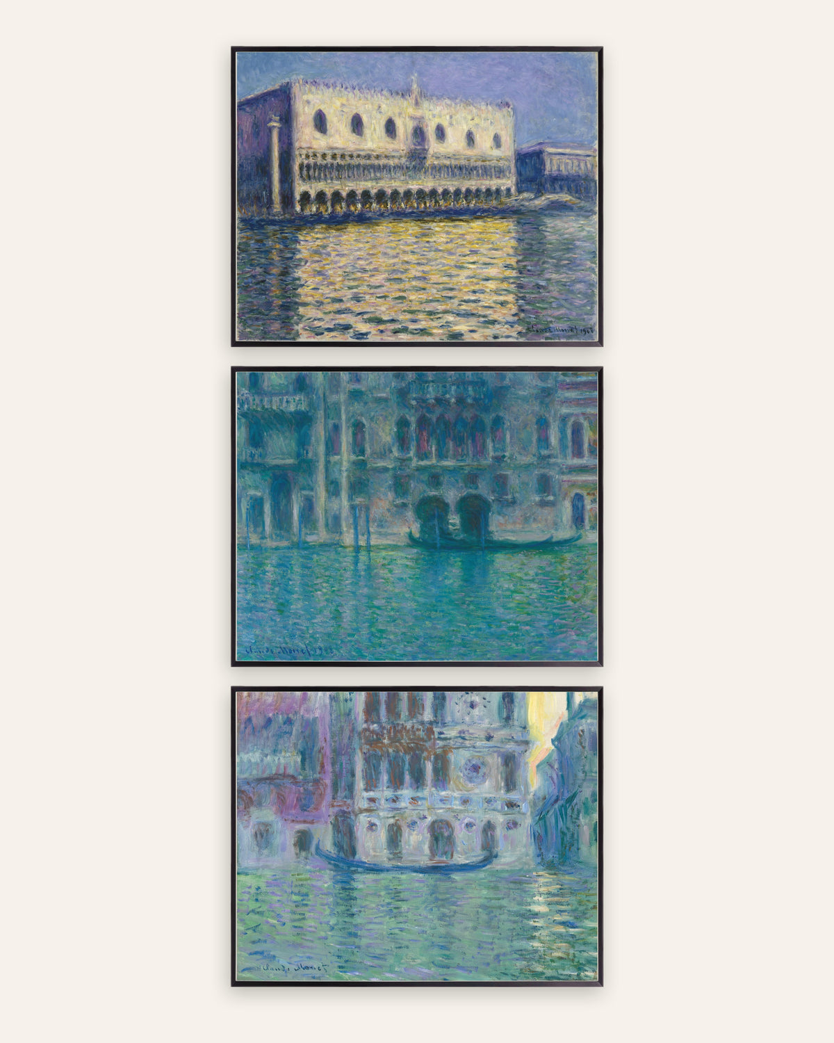 Monet Venedig posters, set med 3: Dogepalatset, da Mula och Dario, i svarta metallramar