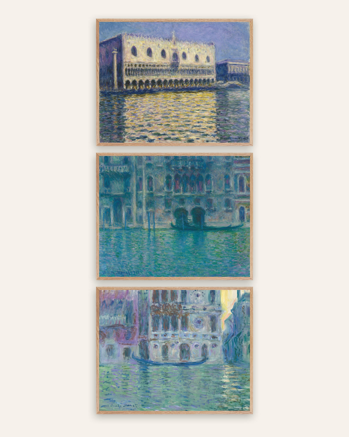 Monet Venedig posters, set med 3: Dogepalatset, da Mula och Dario, i ramar av naturek
