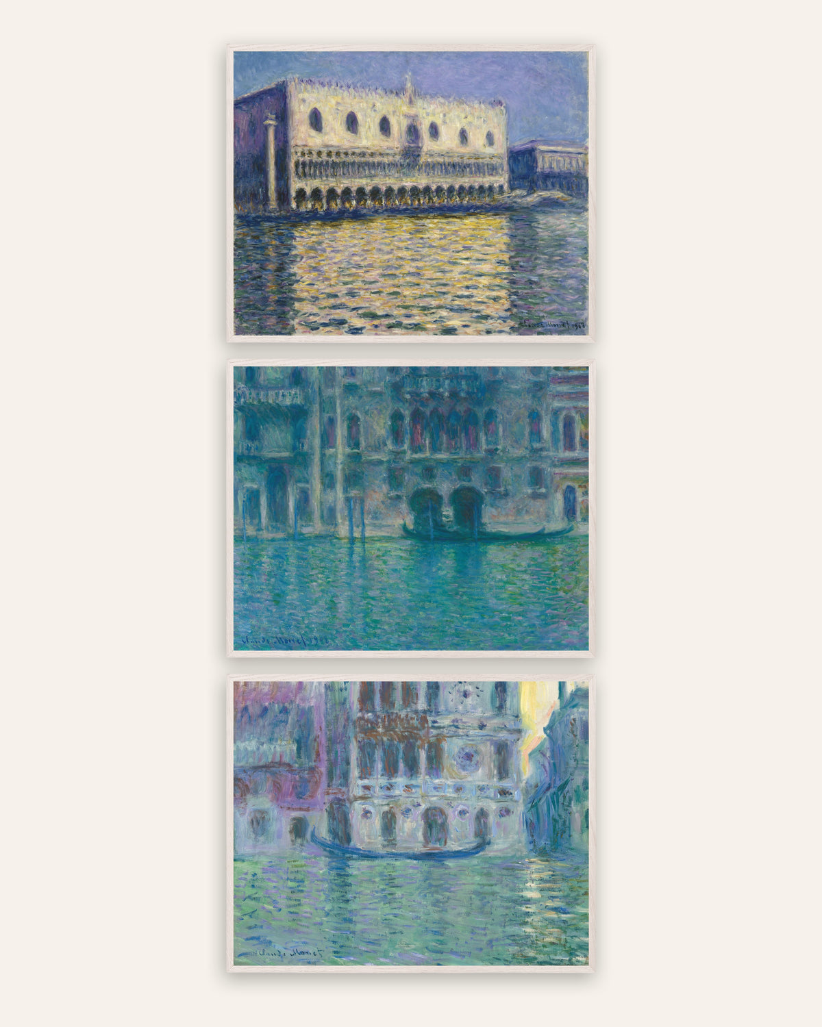 Monet Venedig posters, set med 3: Dogepalatset, da Mula och Dario, i vita ekramar