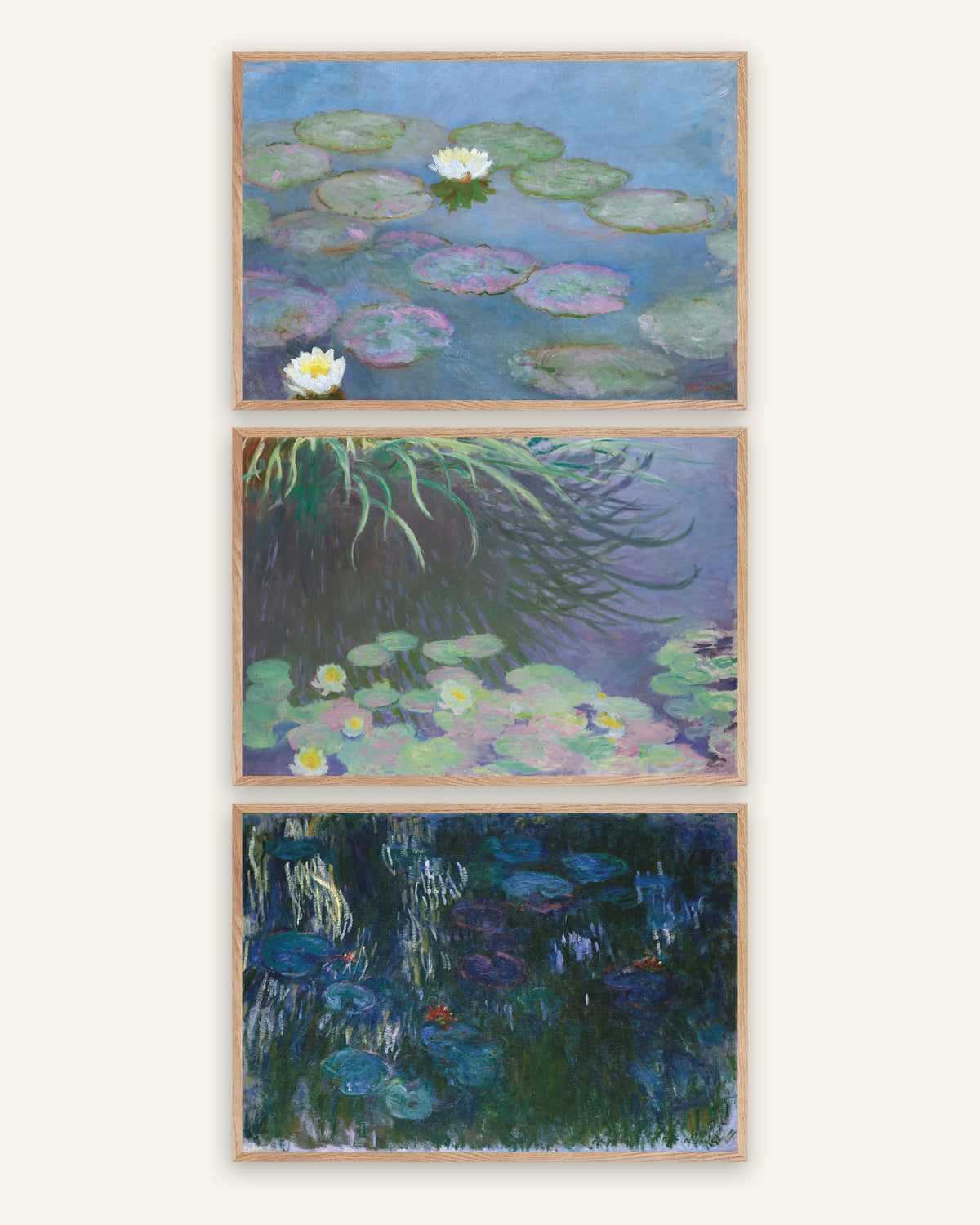 Monet Näckrosor posters, set med 3: tidiga och sena panoramor, i ramar av naturek