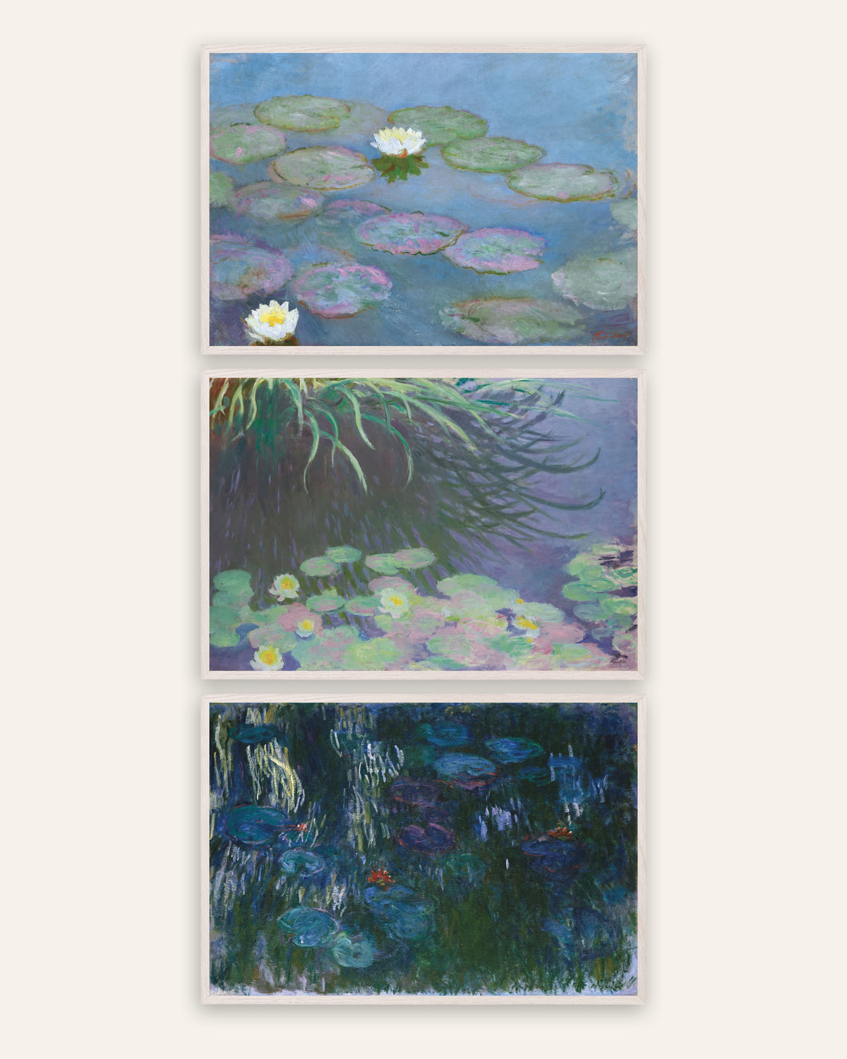 Monet Näckrosor posters, set med 3: tidiga och sena panoramor, i vita ekramar