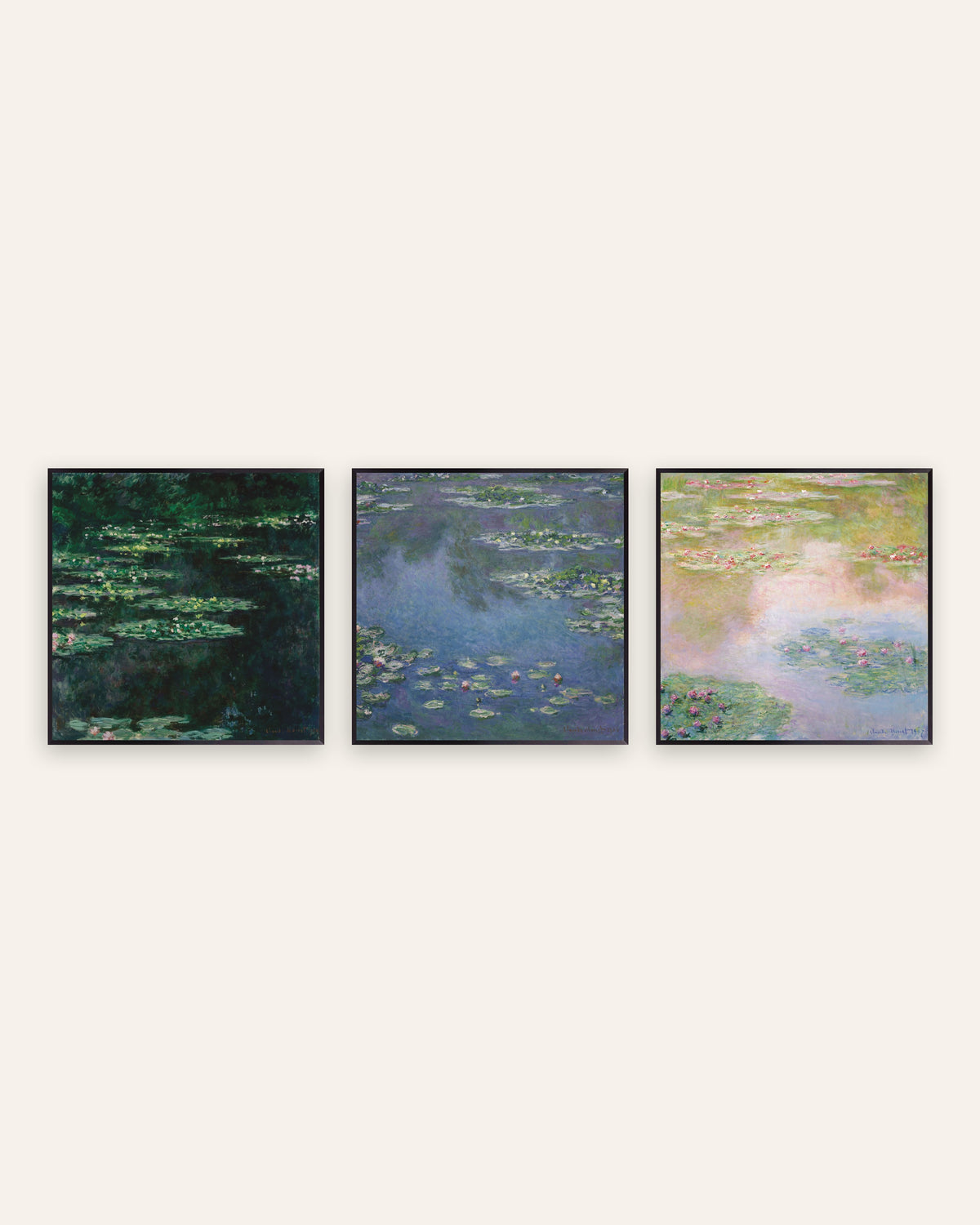 Monet Näckrosor posters, set med 3: kvadratiska motiv från dammen, i svarta metallramar