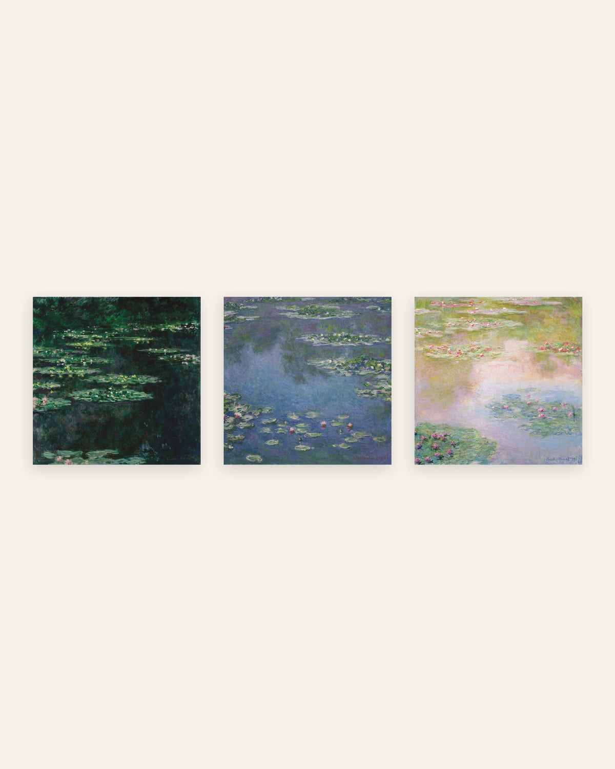 Monet Näckrosor posters, set med 3: kvadratiska motiv från dammen, utan ram