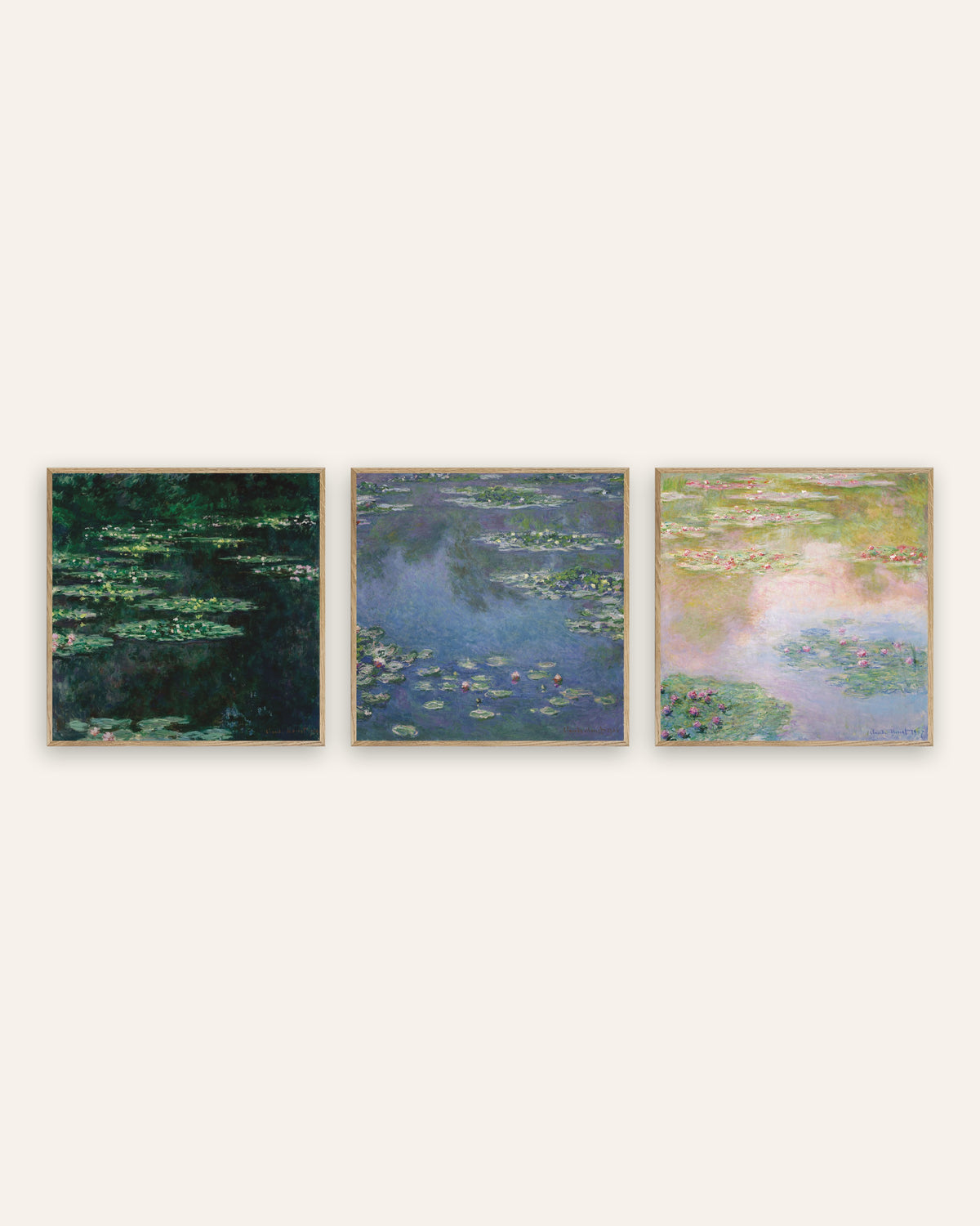Monet Näckrosor posters, set med 3: kvadratiska motiv från dammen, i ramar av naturek