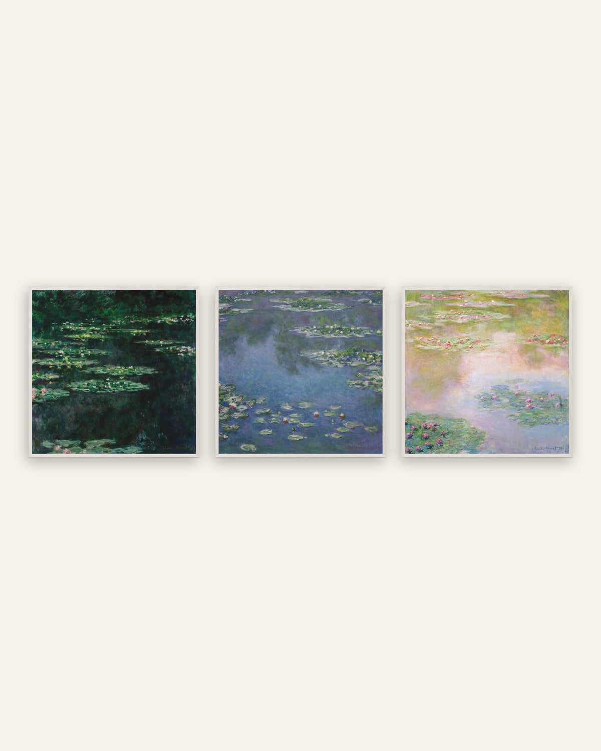 Monet Näckrosor posters, set med 3: kvadratiska motiv från dammen, i vita ekramar