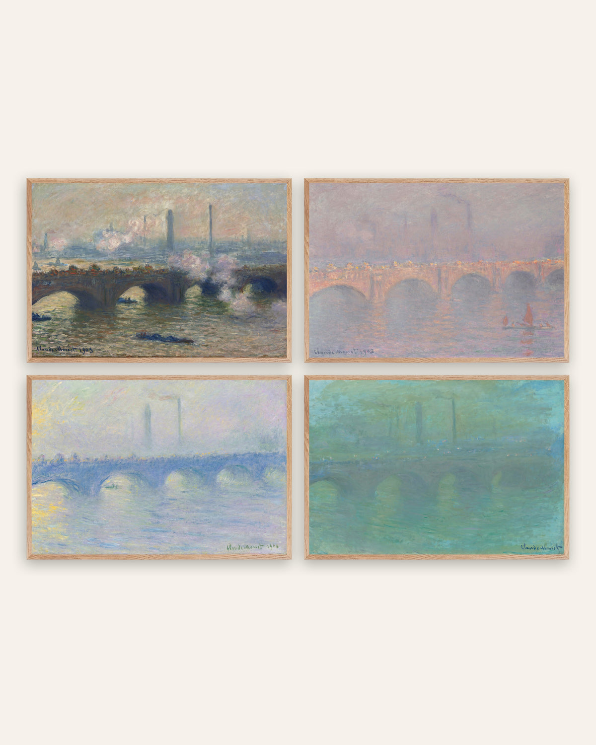 Monet Waterloo Bridge posters, set med 4: grå dag, sol, dis och skymning, i ramar av naturek