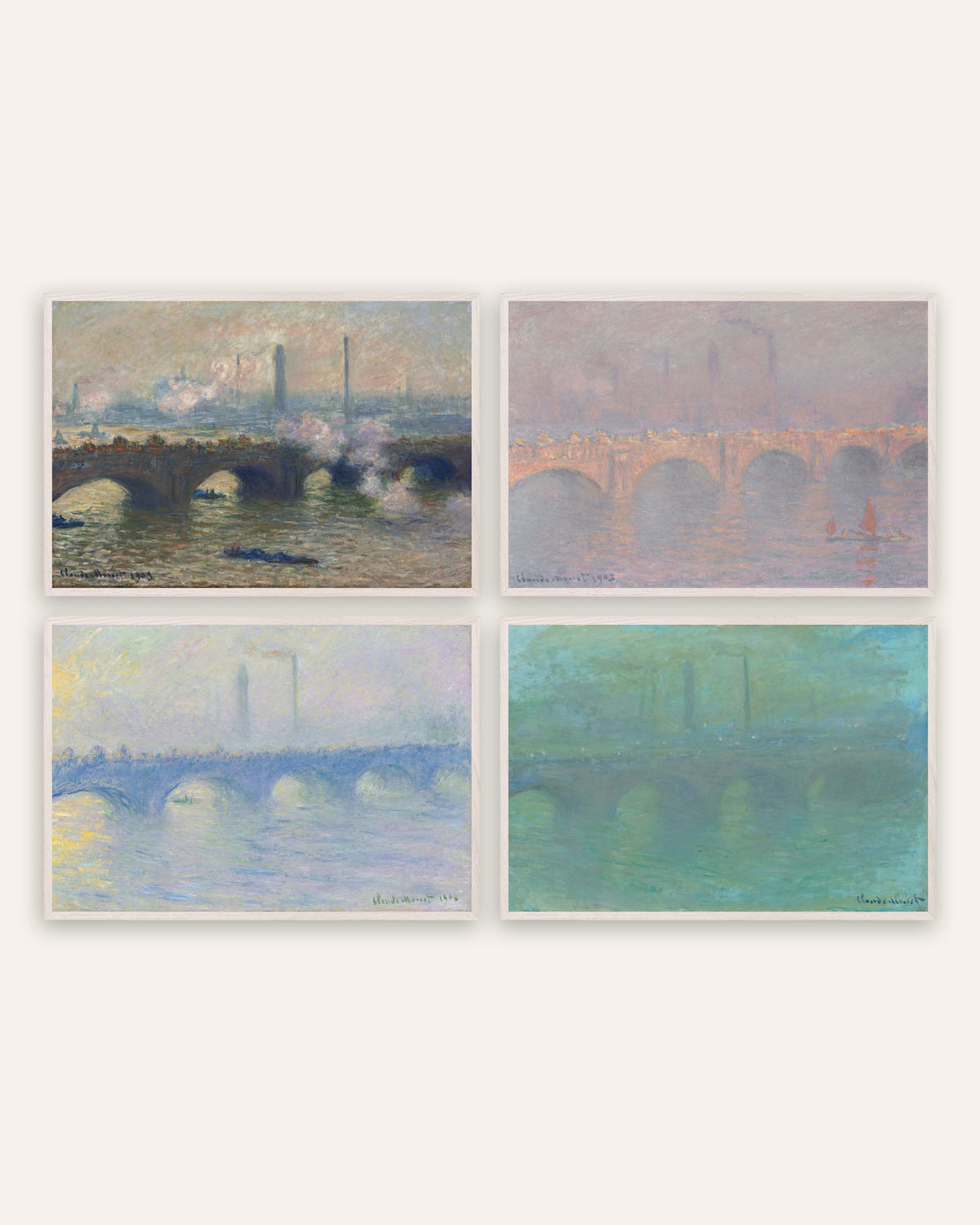 Monet Waterloo Bridge posters, set med 4: grå dag, sol, dis och skymning, i vita ekramar