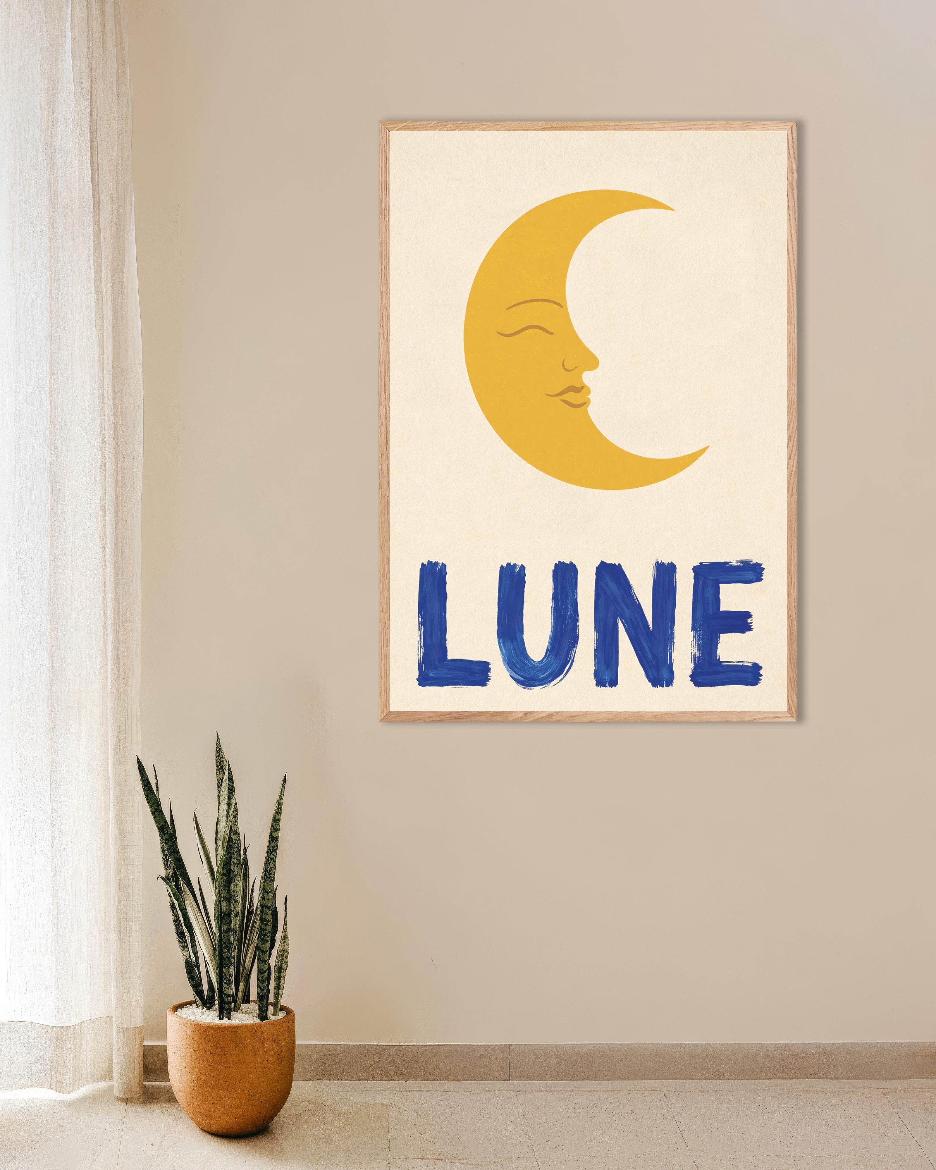Poster of Moon poster - Calm French-inspired wall art, with natural wooden frame