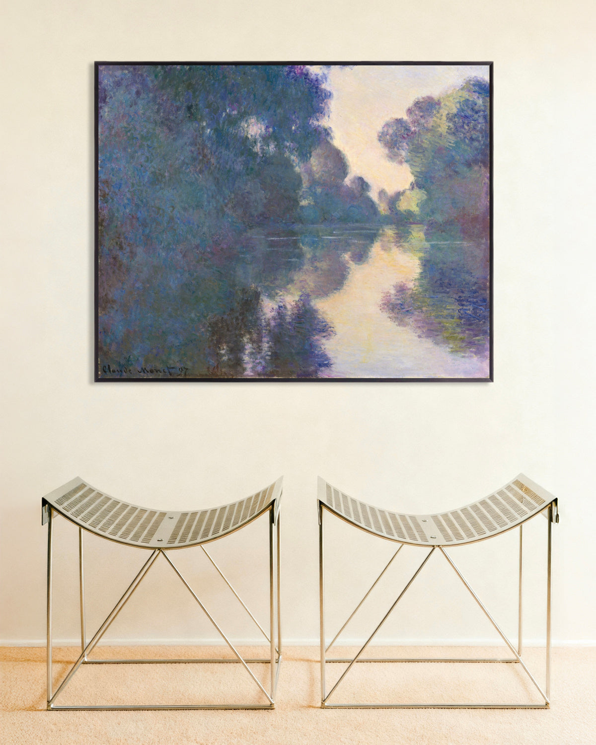 Poster Morgon vid Seine nära Giverny (1897) av Claude Monet med metallram