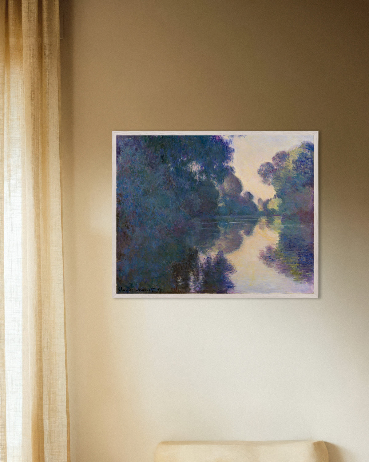 Poster Morgon vid Seine nära Giverny (1897) av Claude Monet med vit träram