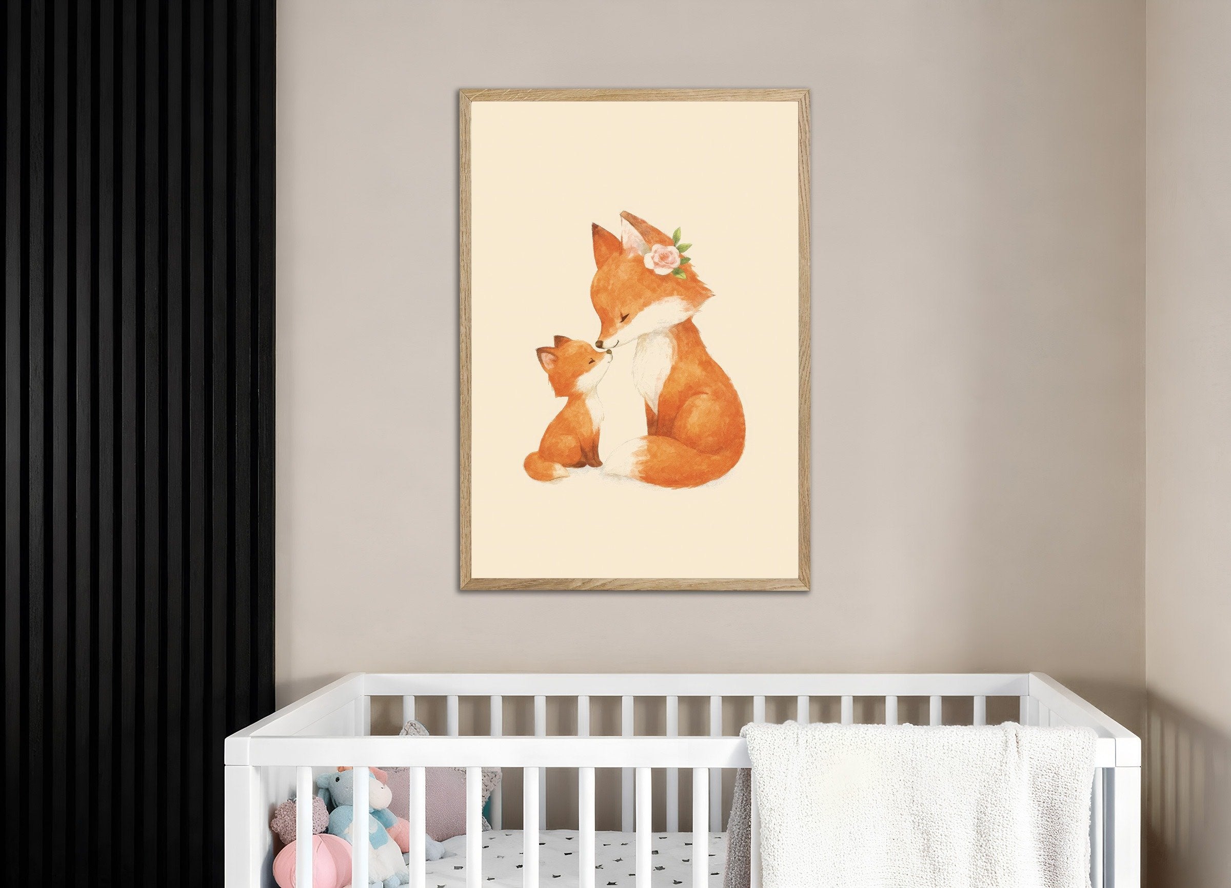 Poster of Mother and baby fox art print, with natural wooden frame
