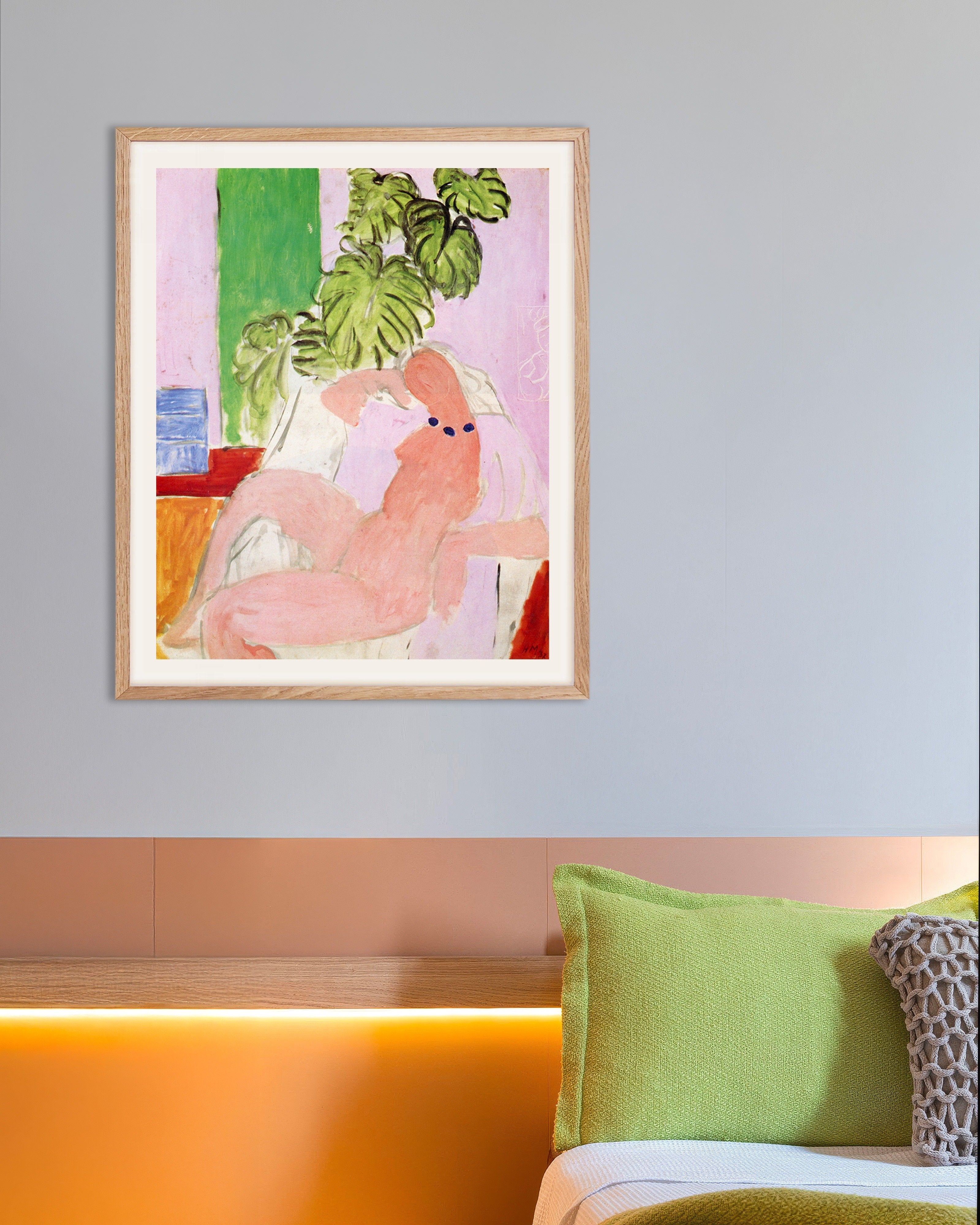 Poster of Nude in a Chair with Green Plants (1937) — Henri Matisse, with natural wooden frame