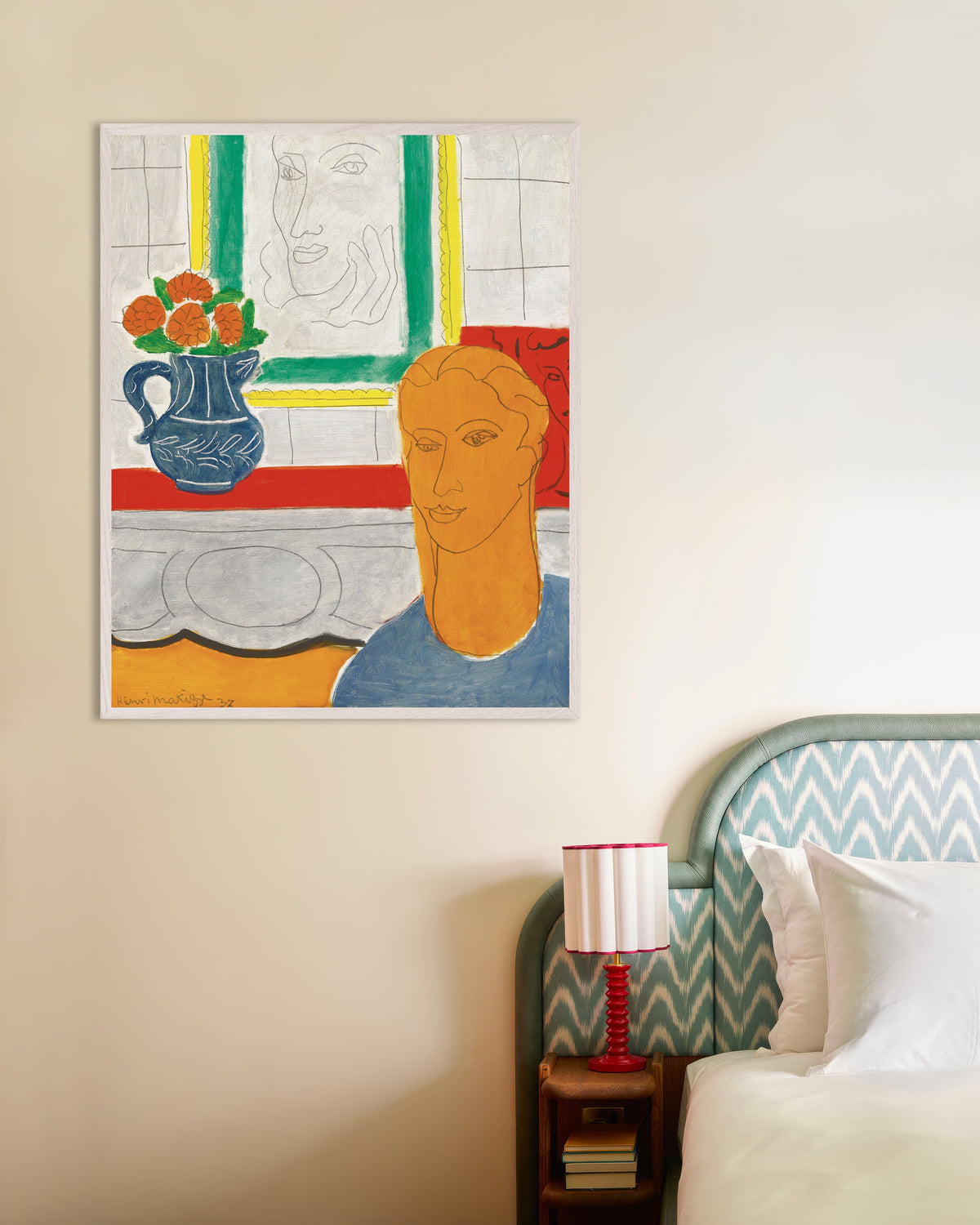 Poster av Ockrahuvud (Figur och bukett) (1937) av Henri Matisse, med vit träram