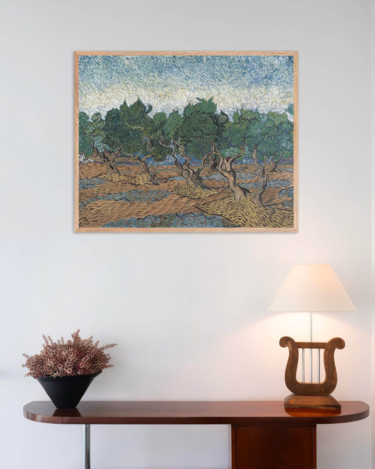 Poster med Olivlund (1889) av Vincent van Gogh, med ram i naturträ