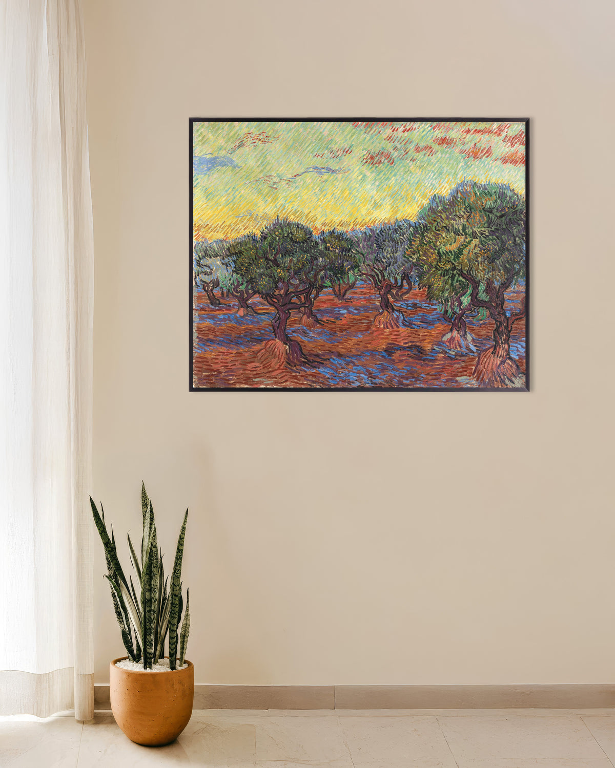 Poster av Olivlund med orange himmel (1889) av Vincent van Gogh, med metallram