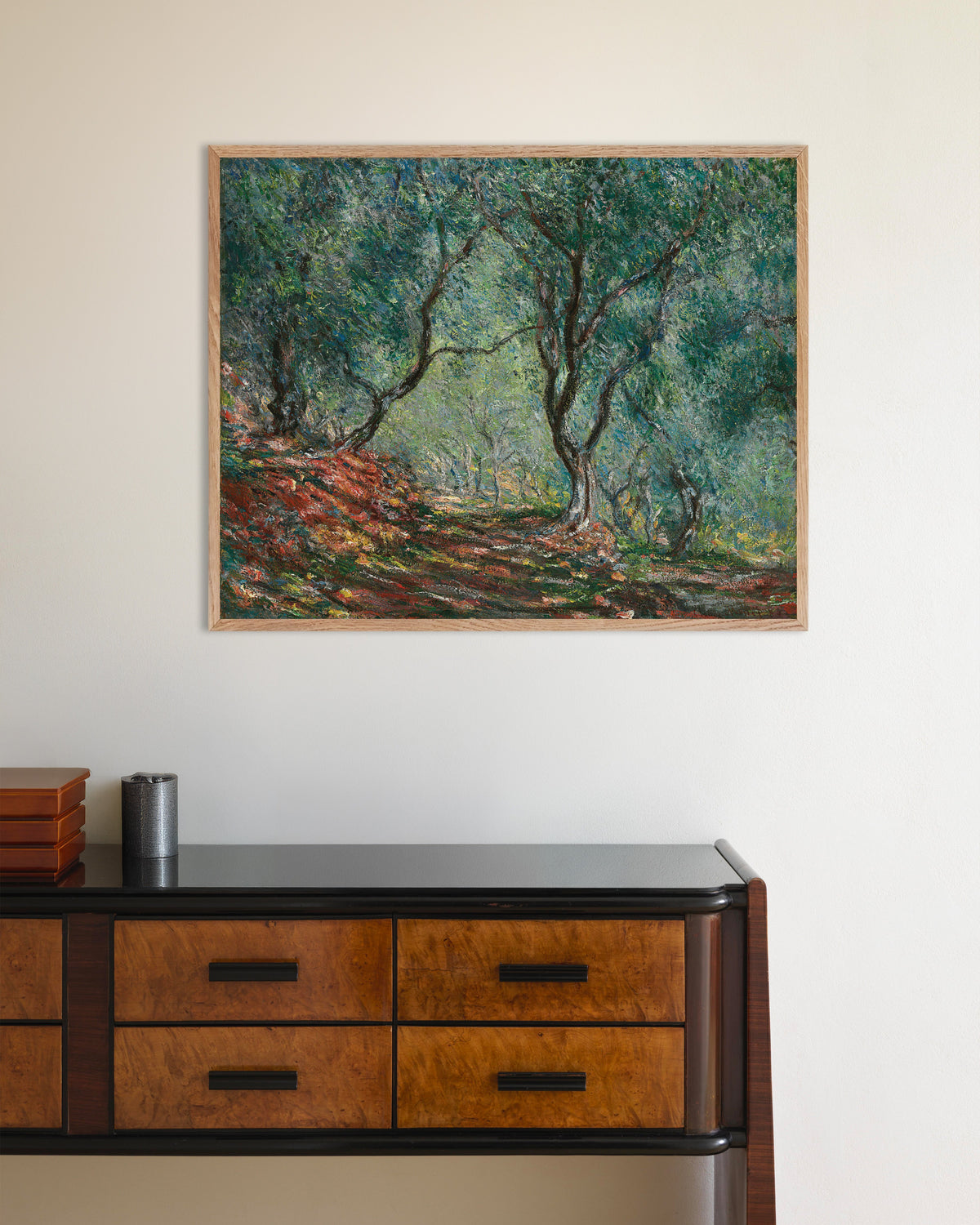 Poster Olivlund i Morenos trädgård (1884) av Claude Monet med ram i naturträ